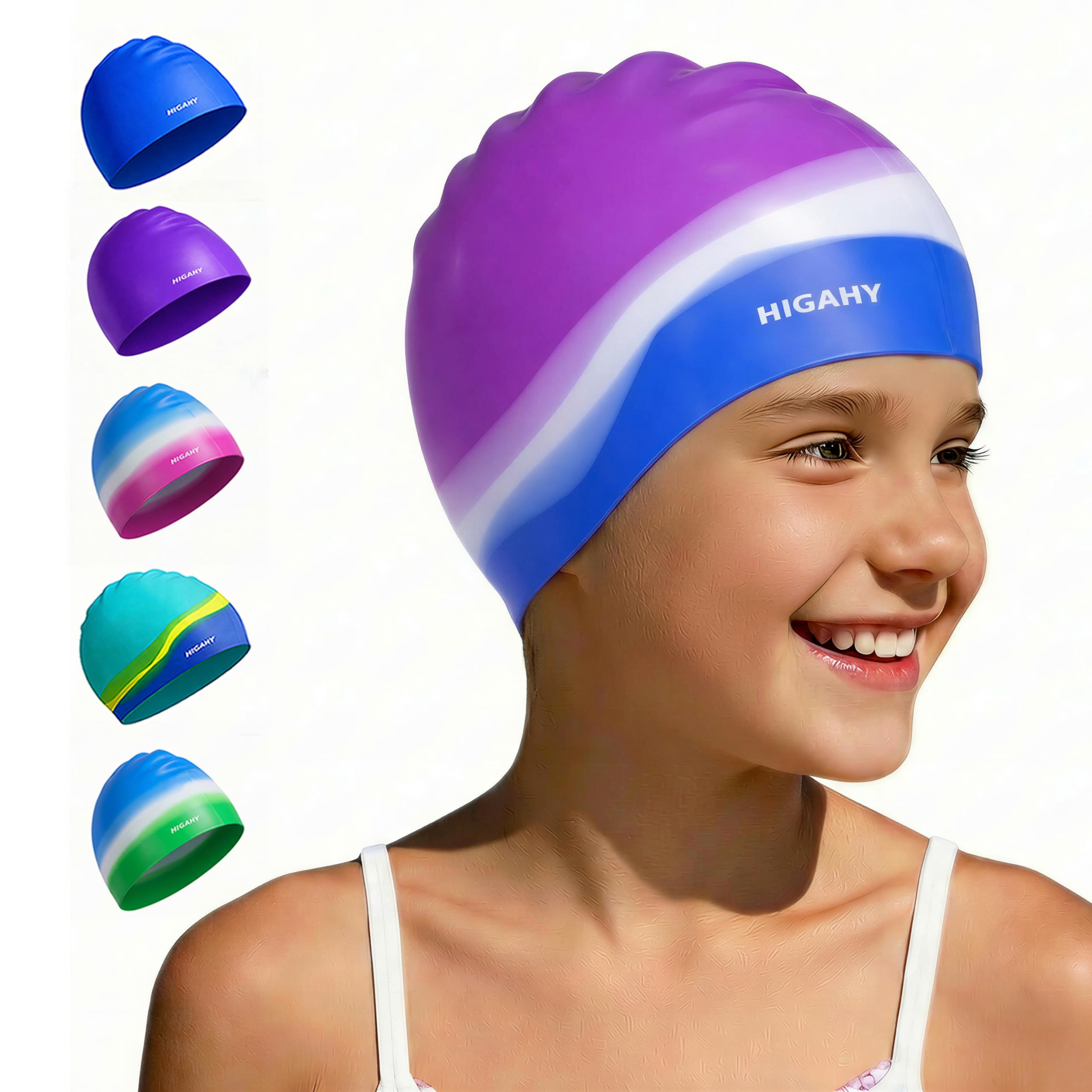 Badekappe Kinder - wasserdichte Badehaube für Jungen Mädchen, Silikon Schwimmkappe für 3-15 Jahre, Bequeme Badekappekinder mit UV-Schutz und rutschfest, Geeignet für Schwimmen Tauchen