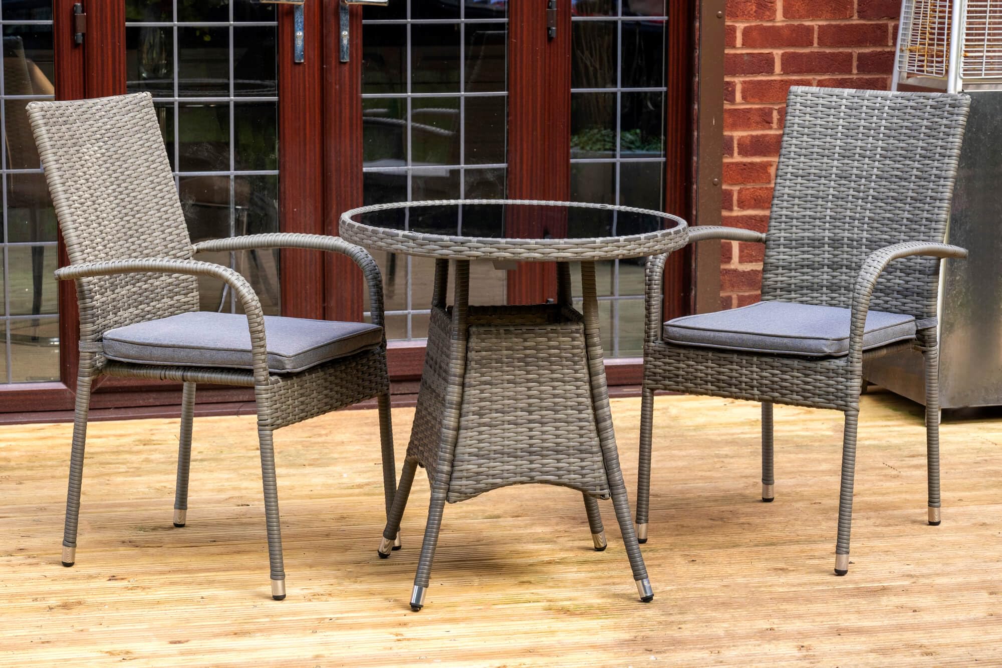 Signature Homes and Gardens SH&G Heaton 2 Seat Bistro Set | 3 Piece Round Table & Chairs | Grey Rattan with Grey Cushions | Indoor & Outdoor