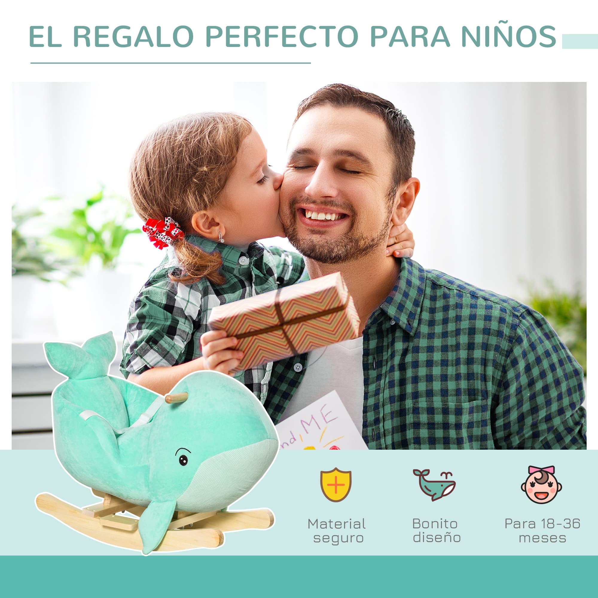 HOMCOM Caballito Balancín Forma Ballena para Niños de 18-36 Meses Mecedora de Felpa con Sonidos Cinturón de Seguridad y Reposapiés 60x33x50 cm Turquesa