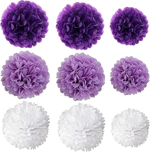 Miniatura 3 de Recosis - Banderines de cumpleaños con pompones de papel de seda y decoración de remolino colgante para decoración de fiesta de cumpleaños, morado,