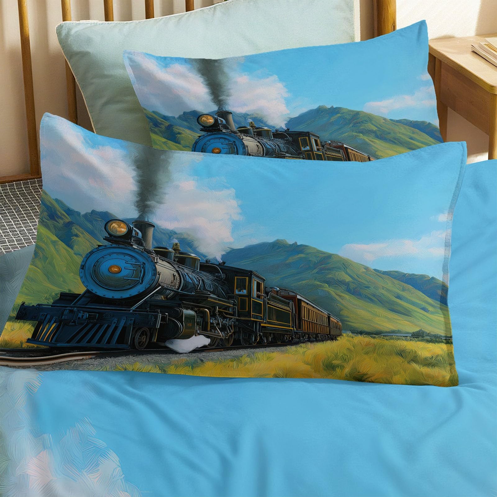 Generisch Zielona pościel 220 x 240 cm, poszewka na kołdrę z mikrofibry z zamkiem błyskawicznym – surrealizm, lokomotywa parowa, oddychająca poszewka na kołdrę, zestaw 3-częściowy, dla niemowląt