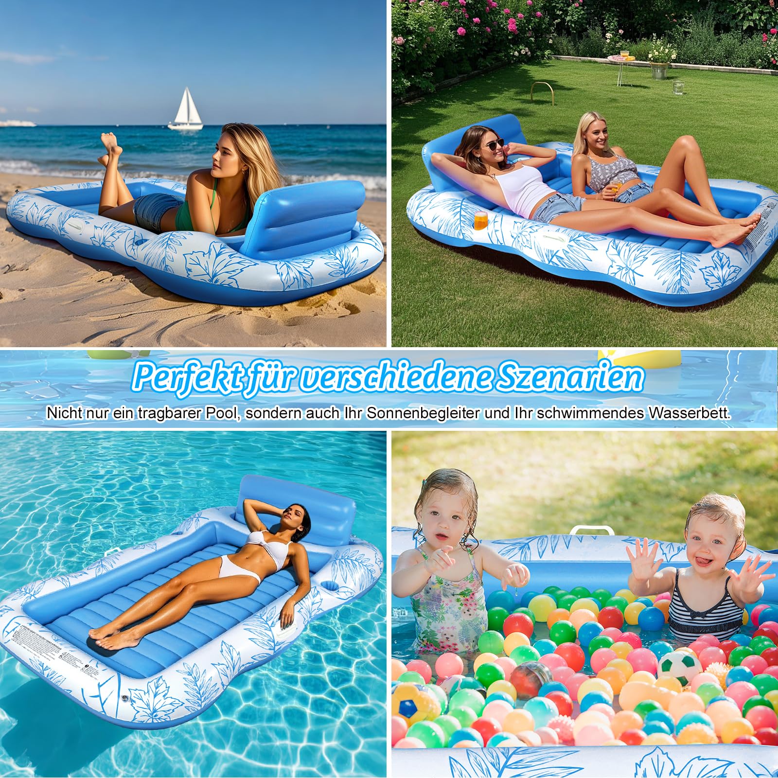 Charmofun Aufblasbarer Tanning Pool, Luftmatratze Pool Hängematte mit Tassenhalter, Pool Lounge aufblasbare Liege, Aufblasbare Sonnenpool Wasserhängematte für Erwachsene und Kinder (Blau)