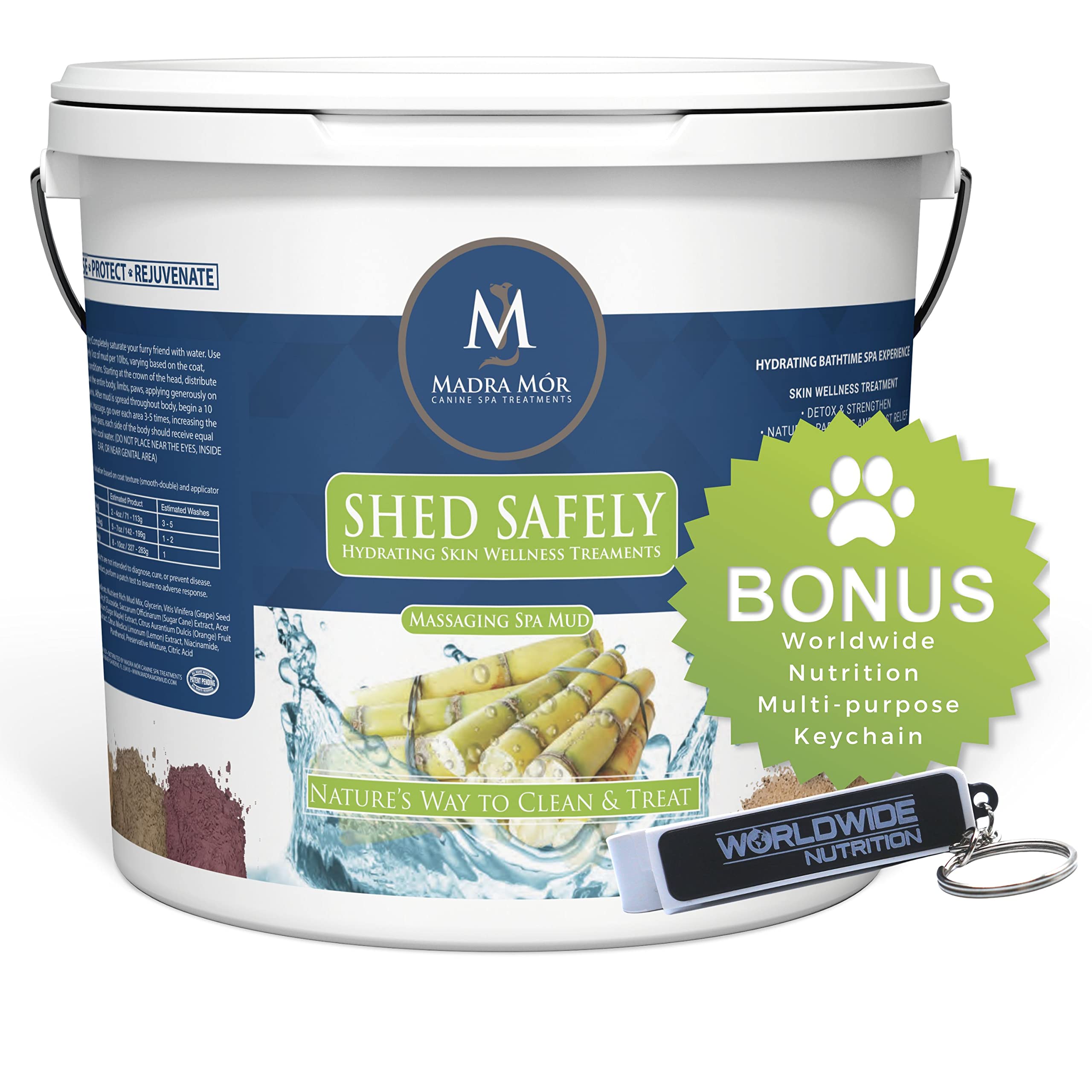 Worldwide Nutrition Bundle: Madra Mor Shed Safely Dog Essentials Mud Bath | Dog Grooming Dog Wash | Dry Skin for Dogs Treatment | Dog Itch Relief | 7.5lb Pail w Multipurpose Keychain