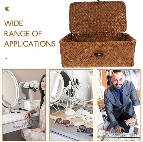 Miniatura 8 de BESPORTBLE Cestas de almacenamiento de pastos marinos con tapa, cestas de algas marinas de 9 pulgadas, cesta tejida a mano, organizador multiusos