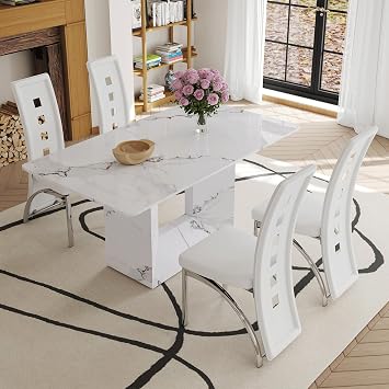 Modern 5 Piece Dining Table Set, 63 Faux Marble Dining Table Chairs Set of 4, White Kitchen Table with High Back PU Leather Chair, Suitable for Kitchen Dining Room, Simple Assembly