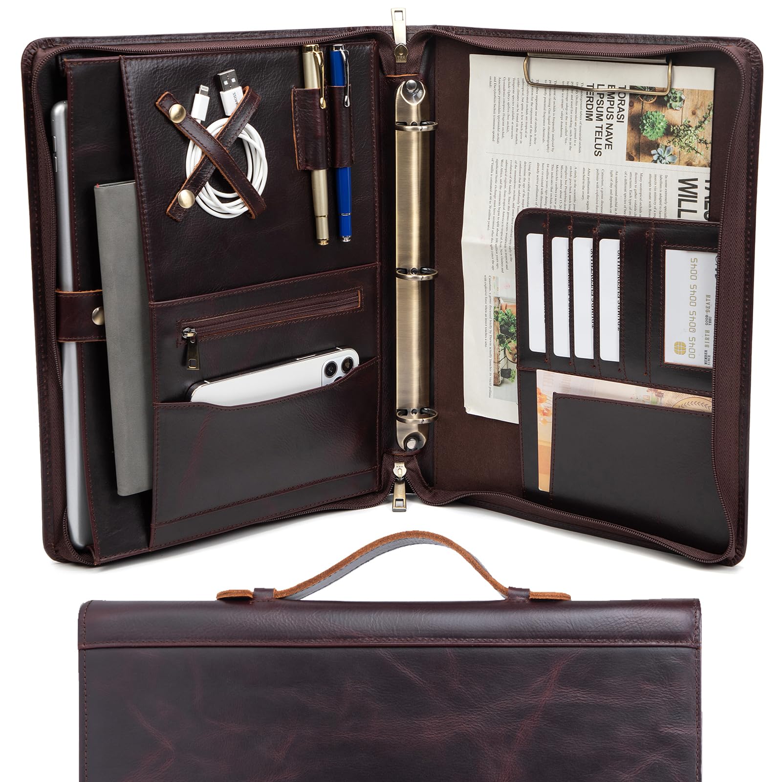 Geslun Genuine Leather Portfolio 3 Ring Binder with Clipboard, Hidden Handle, 8.5 x 11 Zippered Padfolio, Business Organizer Professional Executive