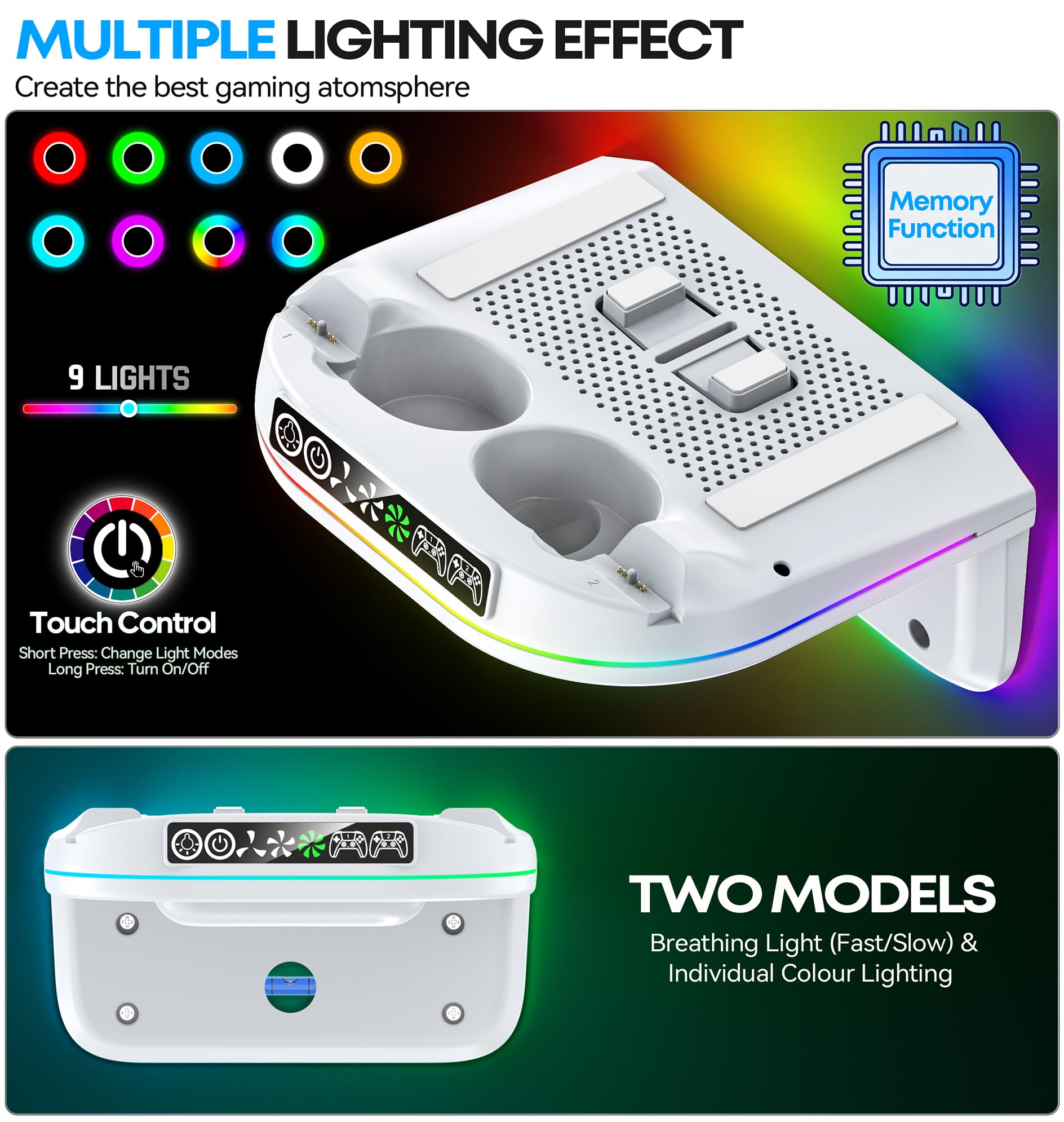 Rysker PS5 Wandhalterung kompatibel mit Playstaiton 5/Slim/Pro mit Controller Ladestation, PS5 Wall Mount mit Kühler und 9 RGB Licht
