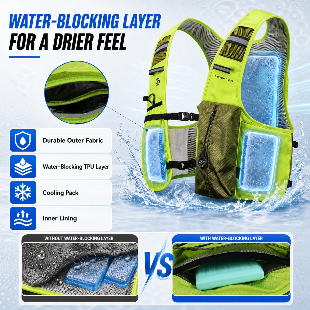 Gilet de course rafraîchissant avec poche d'hydratation de 2 l, sac à dos d'hydratation de 10 l, 3 packs de refroidissement, système de refroidissement de 180 min, réfléchissant, pour