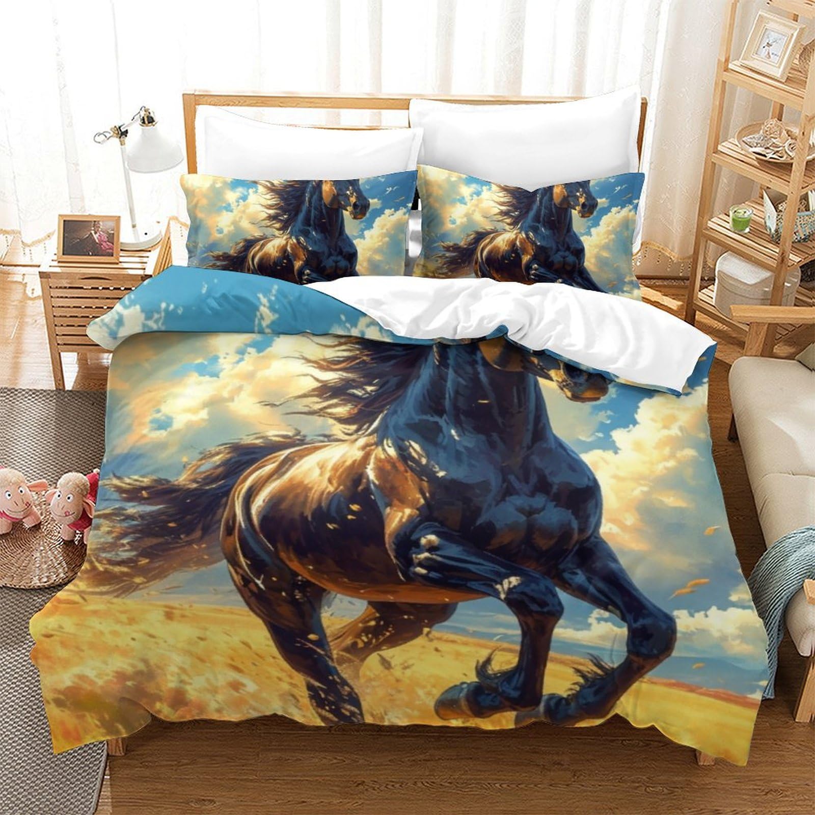 Housse de couette 200x200cm motif cheval pour créer une ambiance équestre apaisante
