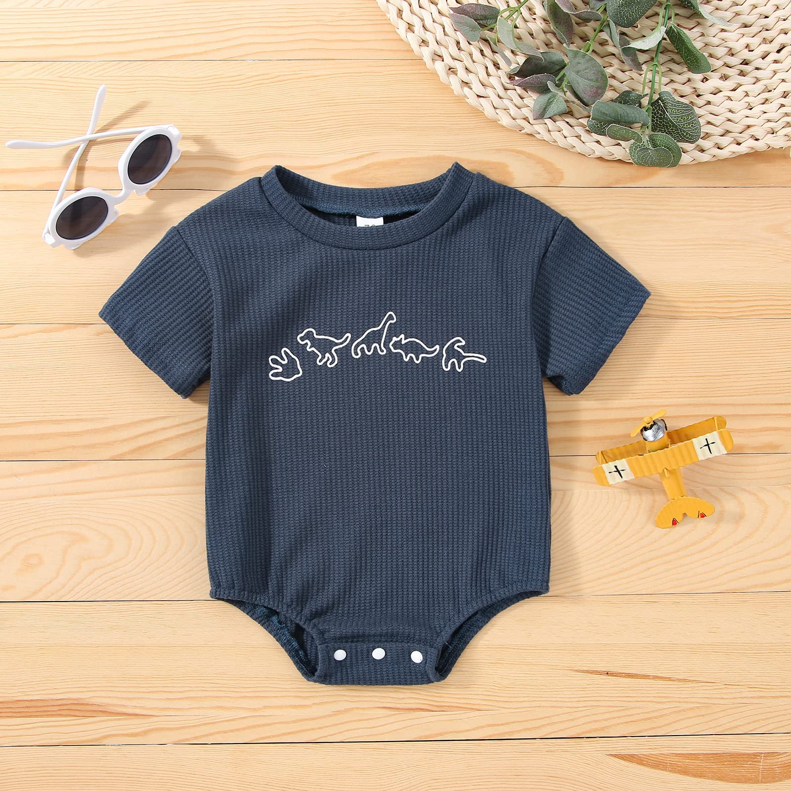 Unisex Baby Girl Boy Romper Short Sleeve Shirt Waffle Knitted Onesie Crewneck Bodysuit with Dinosaur Pattern Summer Clothes