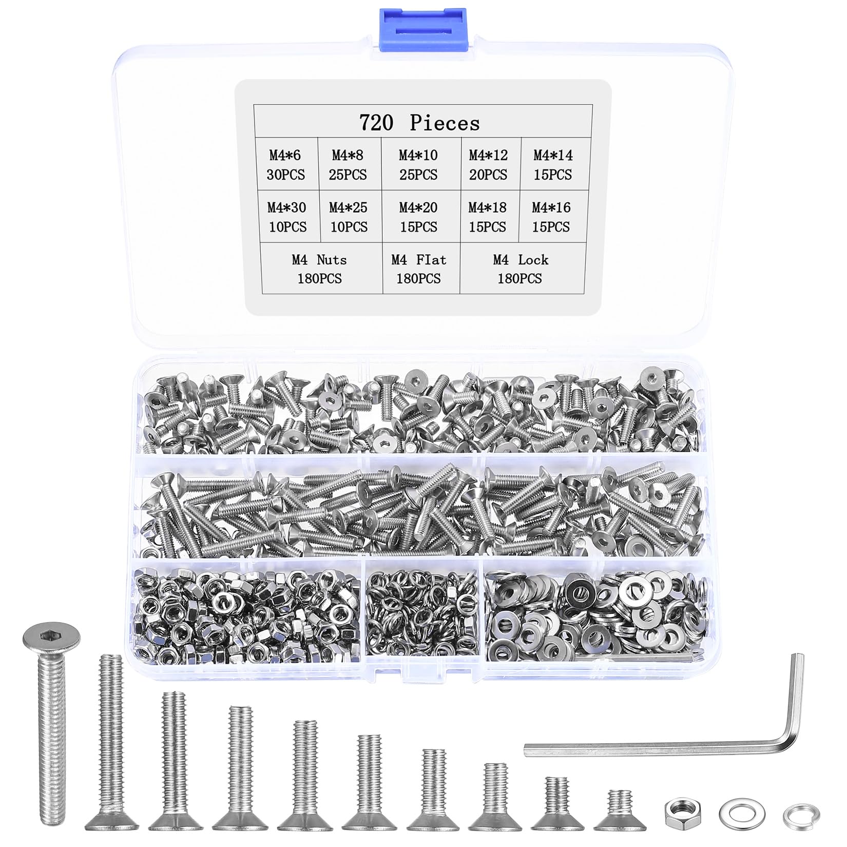 720Pcs M4 Bolts and Nuts Washers Assortment, Stainless Steel Flat Head Countersunk Hex Socket Screws, Machine Screws Hardware Kit for Furniture Repair & Home Improvement(Stainless Steel 304)