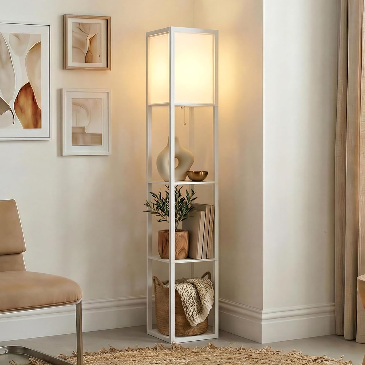 Maxwell - Modern Shelf Floor Lamp with Lamp Shade & Warm White LED Bulb, Corner Display Floor Lamp with Shelves for Living Room, Bedroom, Nightstand Office, Home Decor Storage - White