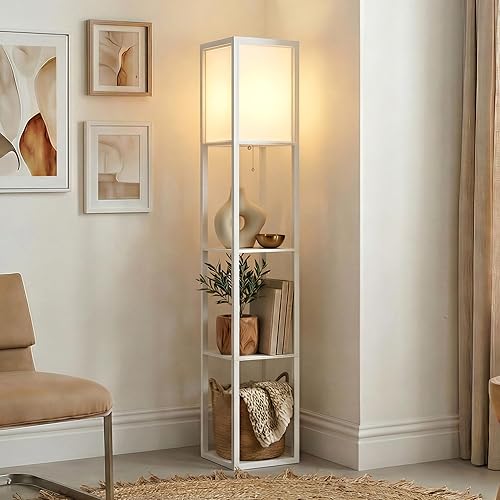 Brightech Maxwell - Modern Shelf Floor Lamp with Lamp Shade & Warm White LED Bulb, Corner Display Floor Lamp with Shelves for Living Room, Bedroom, Nightstand Office, Home Decor Storage - White