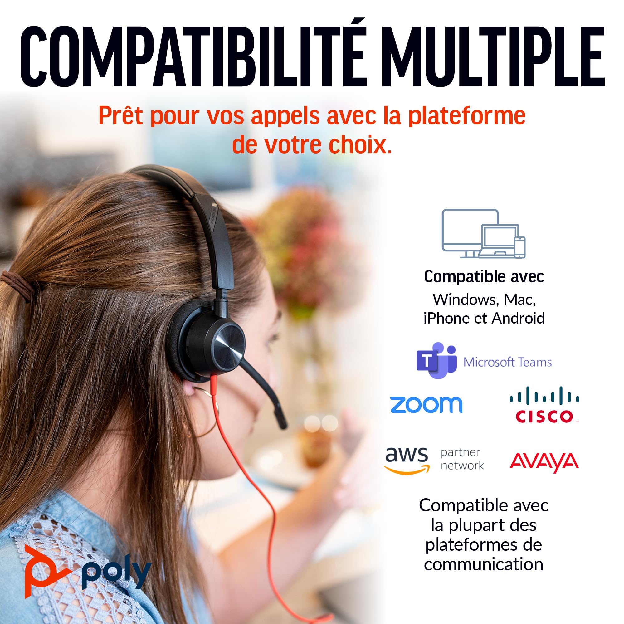 Micro-casque filaire Poly Blackwire 3310 – Perche de microphone flexible – Conception monaurale – Connexion à un PC/Mac via USB-C ou USB-A – Fonctionne avec Teams, Zoom