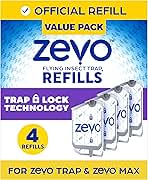 Zevo Flying Insect Trap Refill - for The Zevo MAX & Standard Indoor Fly Trap - Catch Gnats, House & Fruit Flies - Easy to Use - Mess-Free Disposal (4 Refill Cartridges)