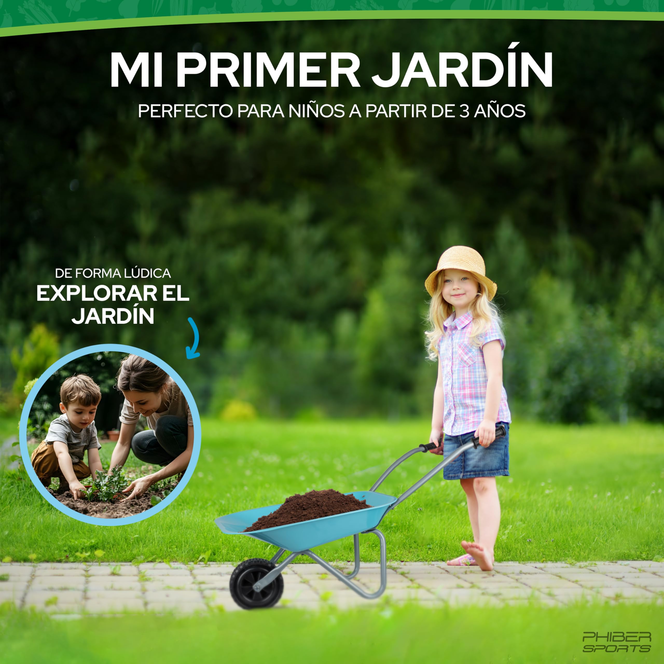 Carretilla infantil PHIBER-SPORTS con herramienta de jardín metálica: pala, escoba, rastrillo y rastrillo de hojas