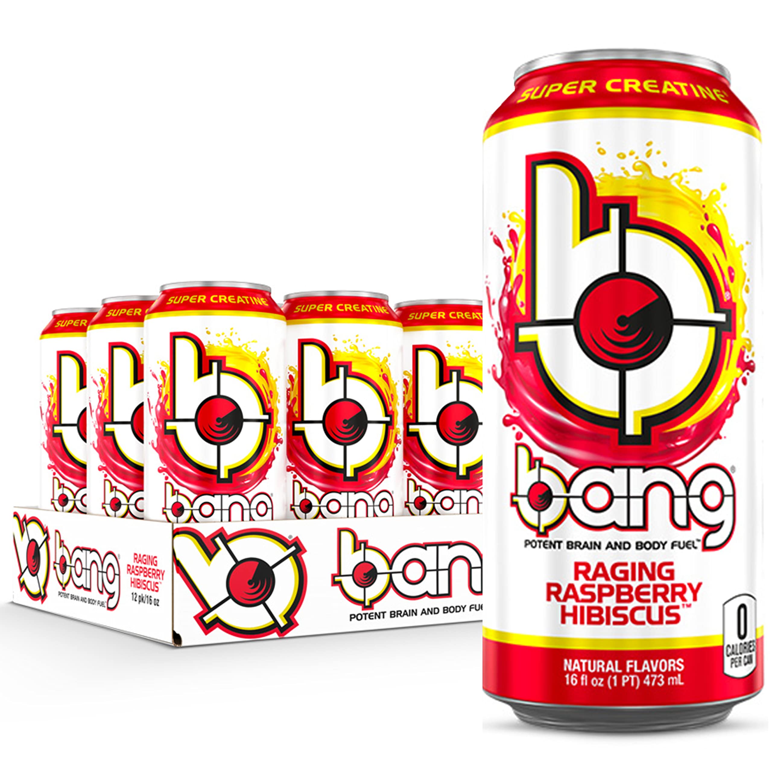 Bang Raging Raspberry Hibiscus Energy Drink, 0 Calories, Sugar Free with Super Creatine, 16 Fl Oz (Pack of 12)