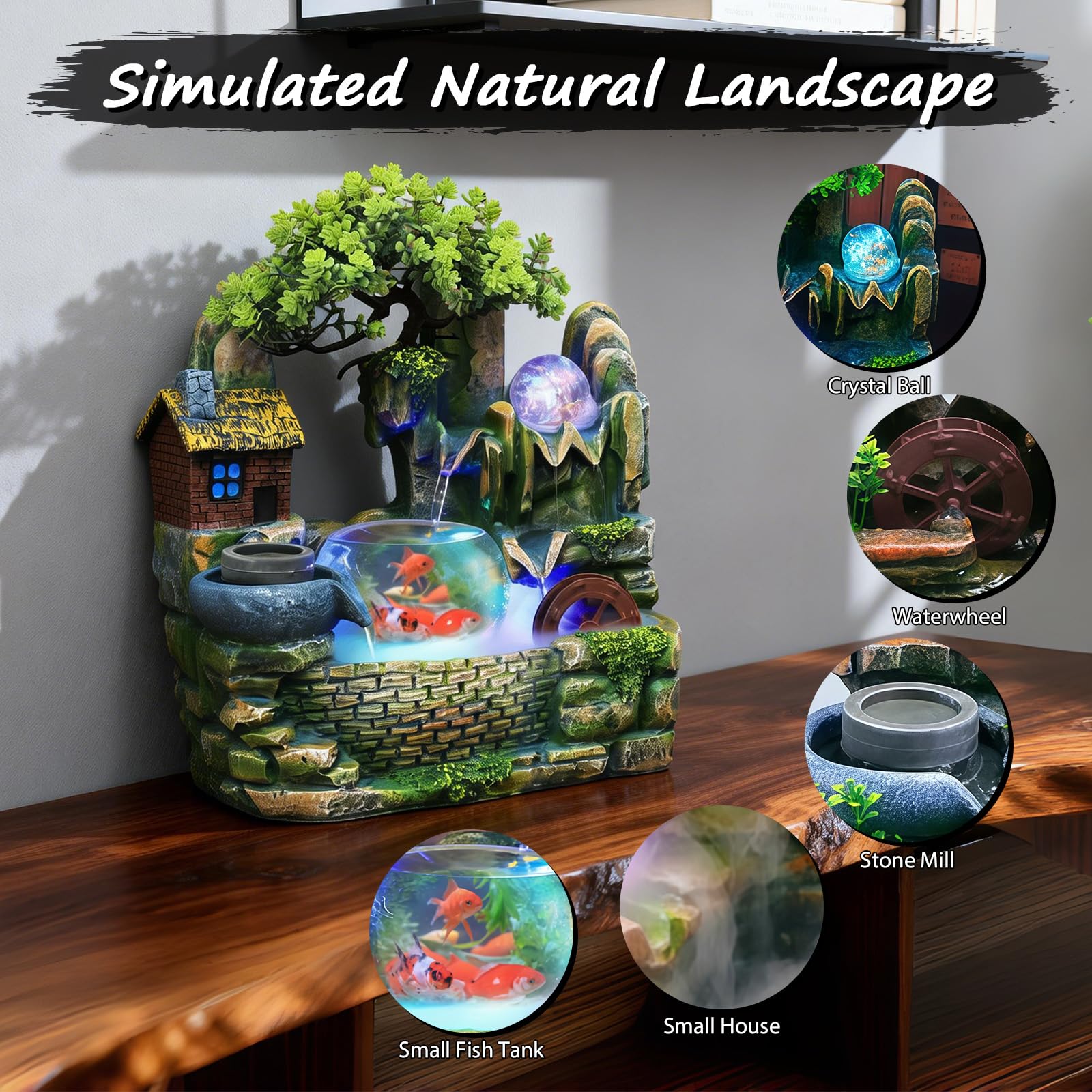 Fontaine D'intérieur, Fontaine Décorative de Table avec éclairage LED à Changement de Couleur, Roue Feng Shui et Aquarium Transparent pour Chambres, Salons et Bureaux (30 x 20 x 36 cm)