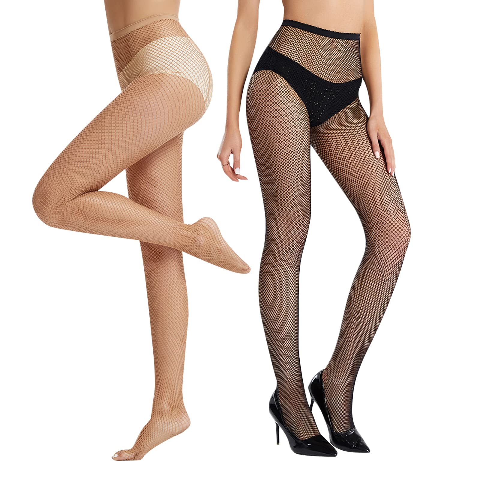 Sheer Patterned Fishnet Tights - 2 Pack Back Seam Lace Fish net Pantyhose High Waist, Hollow Mesh Stocking