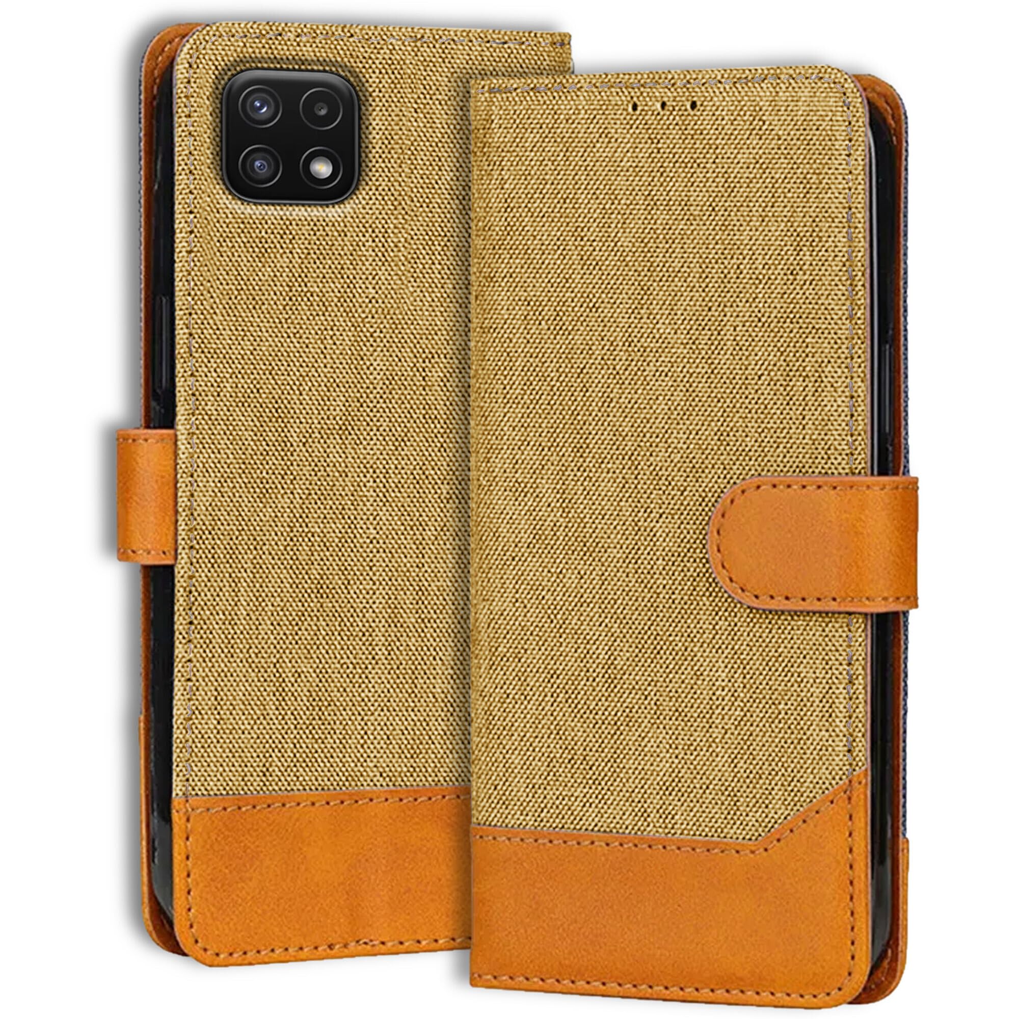 Ubros Network Flip Cover for Samsung A22 5G | Denim & Leather | Luxury Wallet Folio | Two-Tone Design | Shockproof Wallet Style Flip Case for Samsung Galaxy A22 5G (Light Brown) (B0CZY3RB6Y) Amazon Price History, Amazon Price Tracker