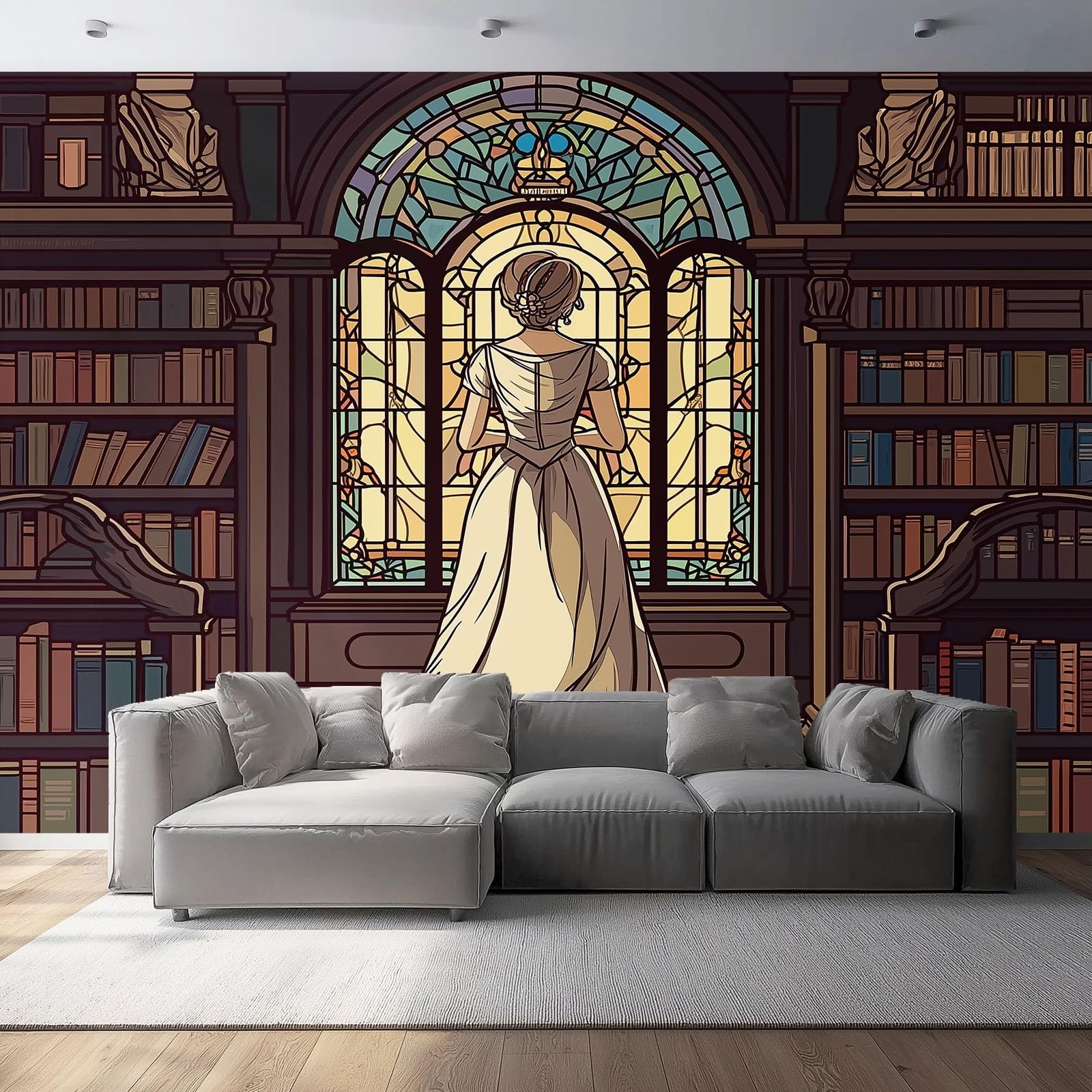 Papier peint panoramique 3D rétro avec femme élégante pour chambre cosy