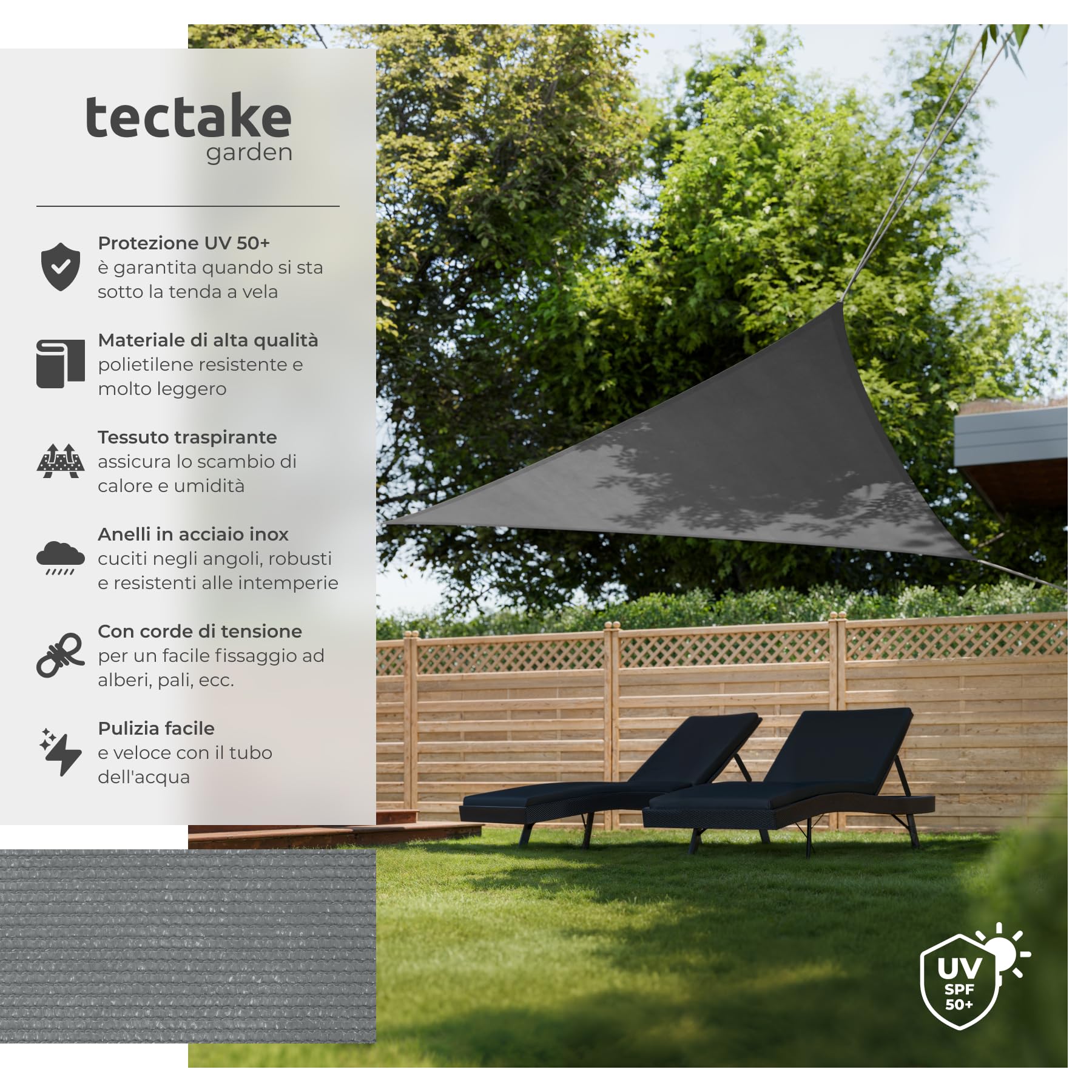 Tenda a Vela Solare 3,6 x 3,6 x 3,6 m Protezione UV 50+ Telo Occhiellato Traspirante Anelli Acciaio Inox