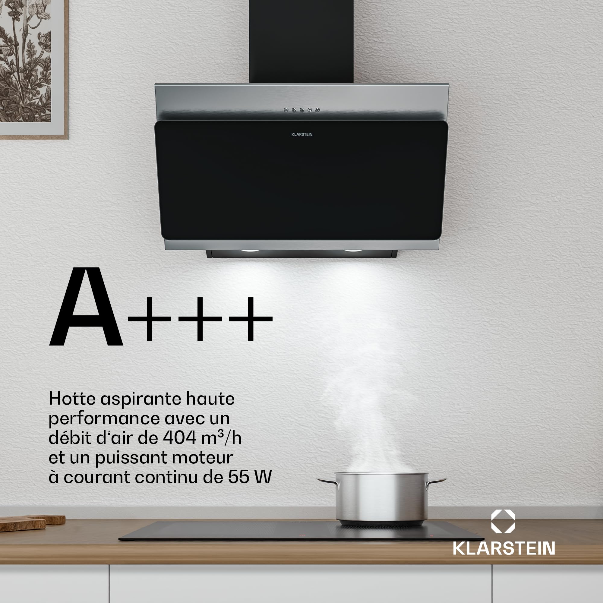 Klarstein Alessia Hotte Aspirante 60 cm - Hotte Décorative Inclinée, 404 m³/h, LED, A+++, 3 Vitesses & Boost, Filtre Charbon, Inox & Verre Noir, Recyclage ou Évacuation, Hotte Cuisine