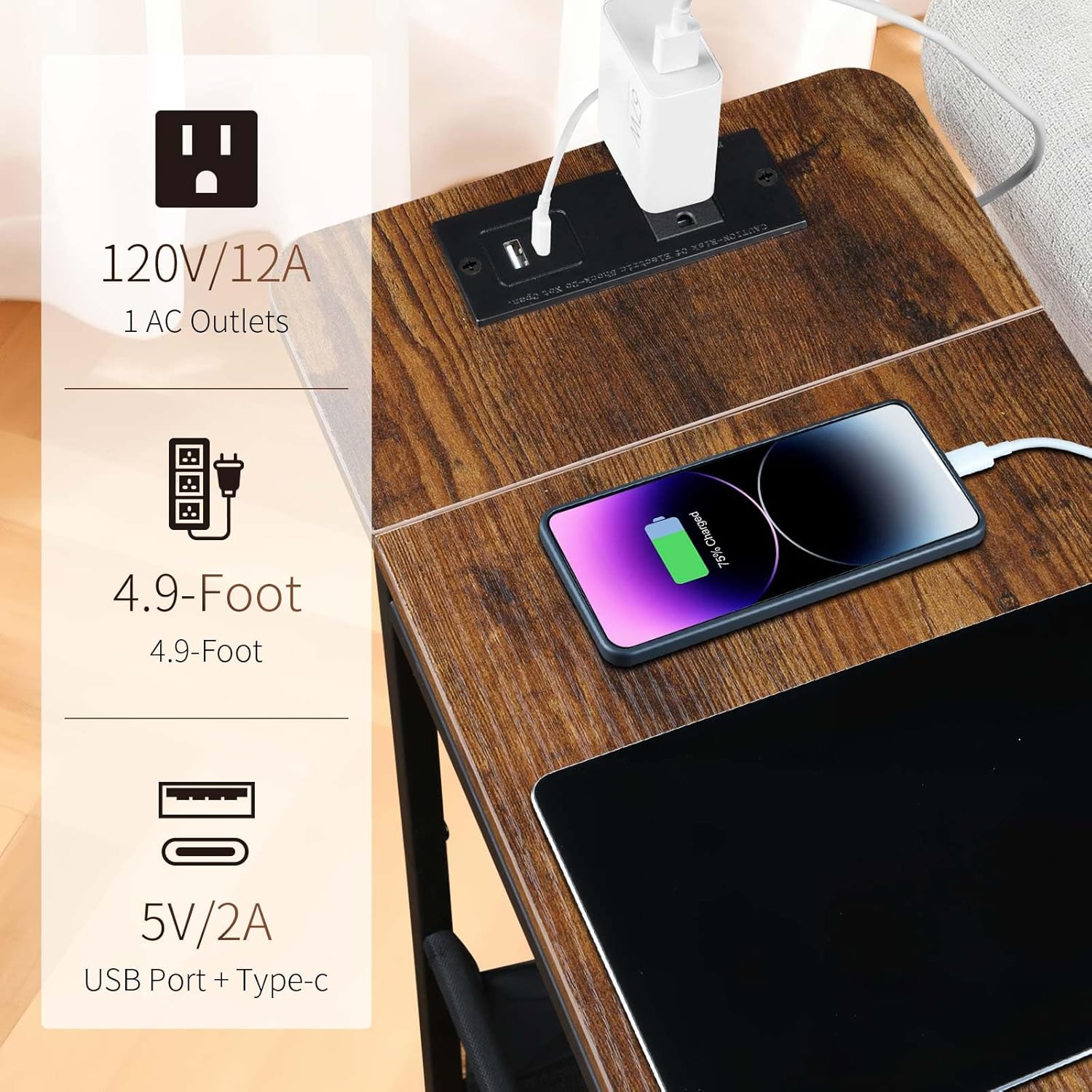 Long Narrow End Tables Set of 2 with Charging Station, Slim Nightstand with Drawer and Fabric Basket, Skinny Side Table for Living Room, Bedroom, Small Spaces, Rustic Brown