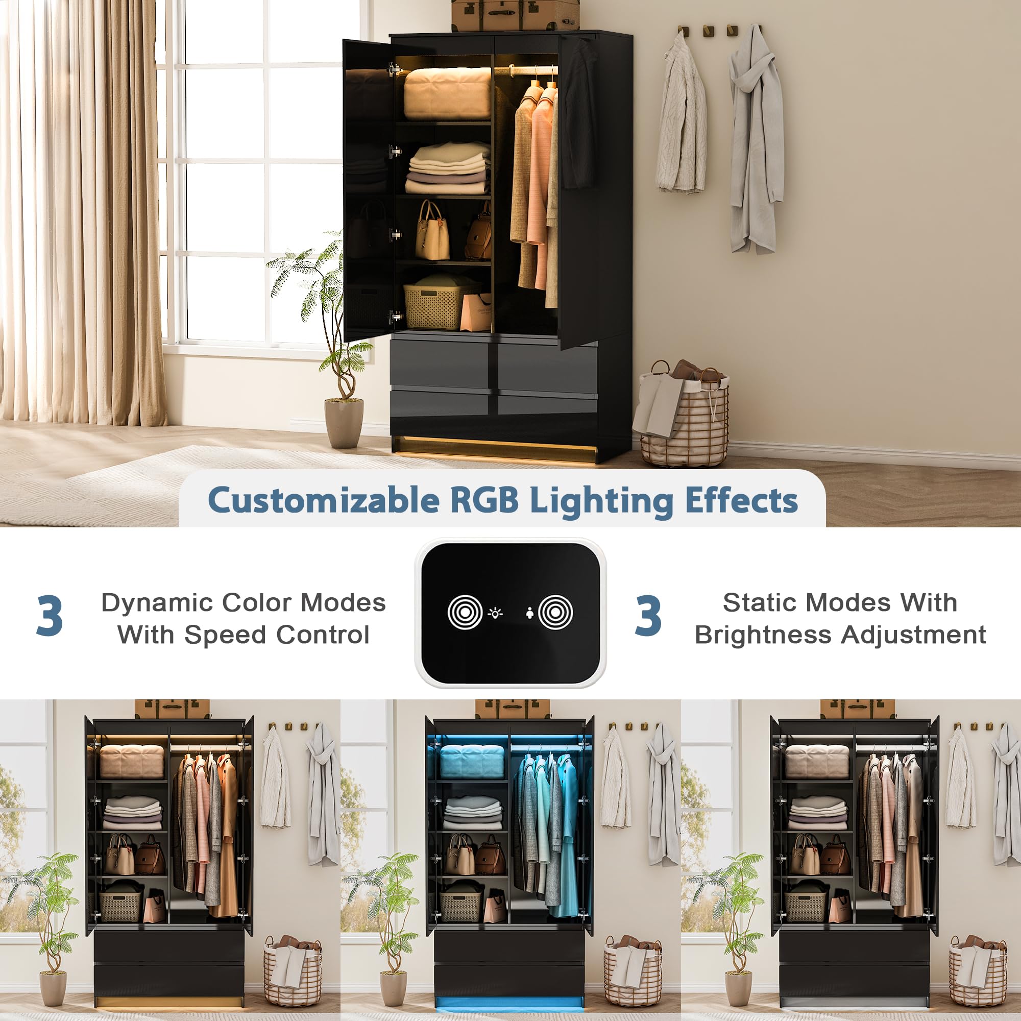 Armario Ropero 2 Puerta, Armario Multiusos Avec luz led con Sensor de Movimiento, Avec 2 Tiroirs, Organizador de Ropa y Almacenaje para el Dormitorio (Negro)