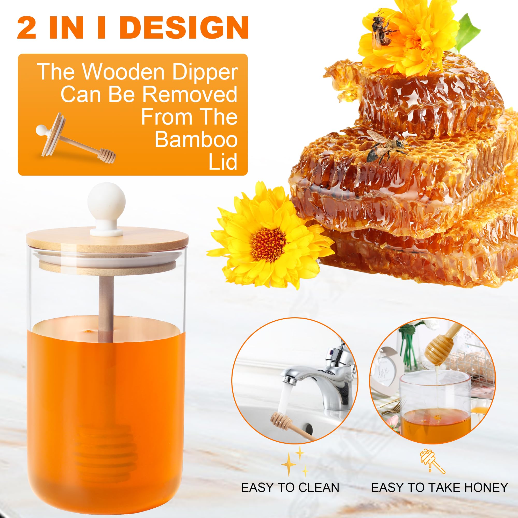 13 Oz Honey Pot Jar,Glass Honey Pot With Wooden Dipper And Cork Lid Hexagon Shape Honey Container Dispenser Storage Clear Honeypot For Home Kitchen - View #6