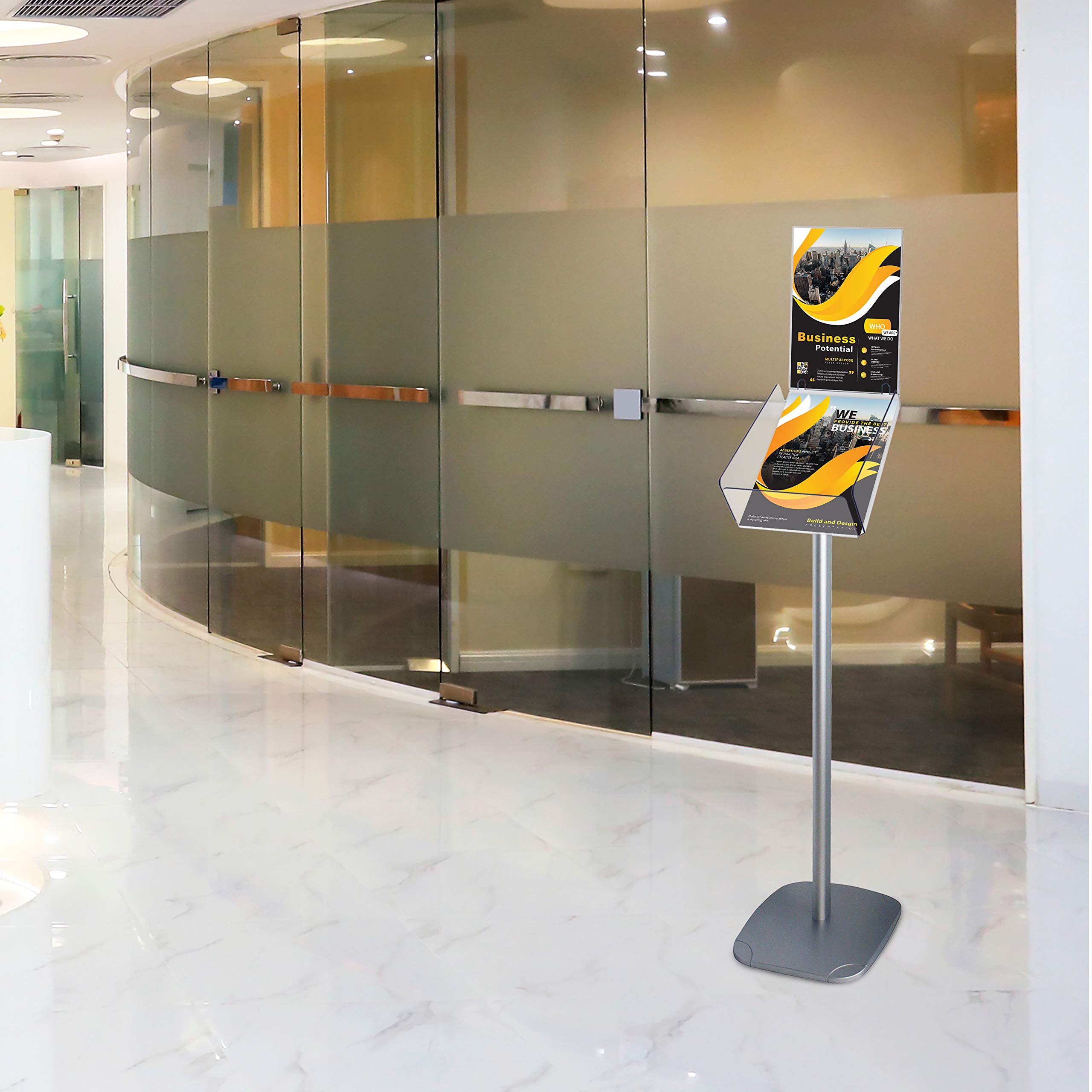 Portafolletos de Suelo Plus DIN A4 Vertical con Soporte para Rótulo Superior | Expositor de Folletos con Bandeja Acrílica Transparente | Stand Informativo Decorativo