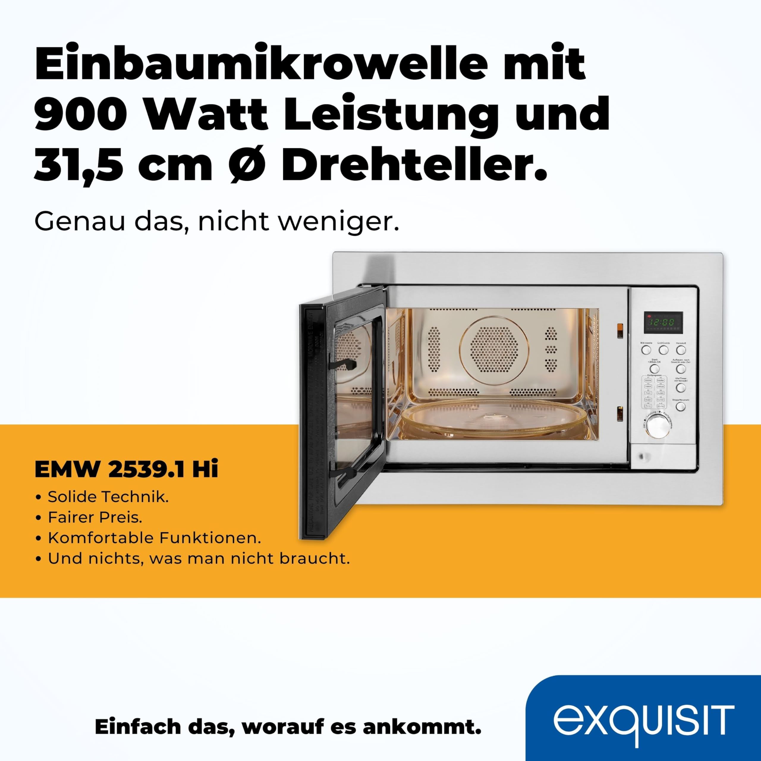 Exquisit EMW 2539.1 HI EMW2539HI Einbau-Mikrowelle, Edelstahl, 25 liters, Inoxlook | 3-in-1 Kombi-Mikrowelle, 900 W / 1100 W / 2500 W – 10 Automatikprogramme, Timer bis 95 Min., Inox-Design