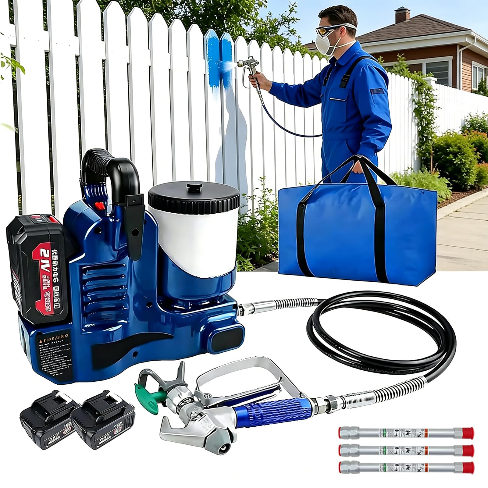 JIANGYUXINLI Cordless Paint Sprayer for Interior and Exterior Wall, Ceiling Paints, 650W Electric Airless Paint Machine, 21V Lithium Battery/6-Speed Adjustable/514 Nozzle/1.2L Hopper/15MPa/1.1L/Min