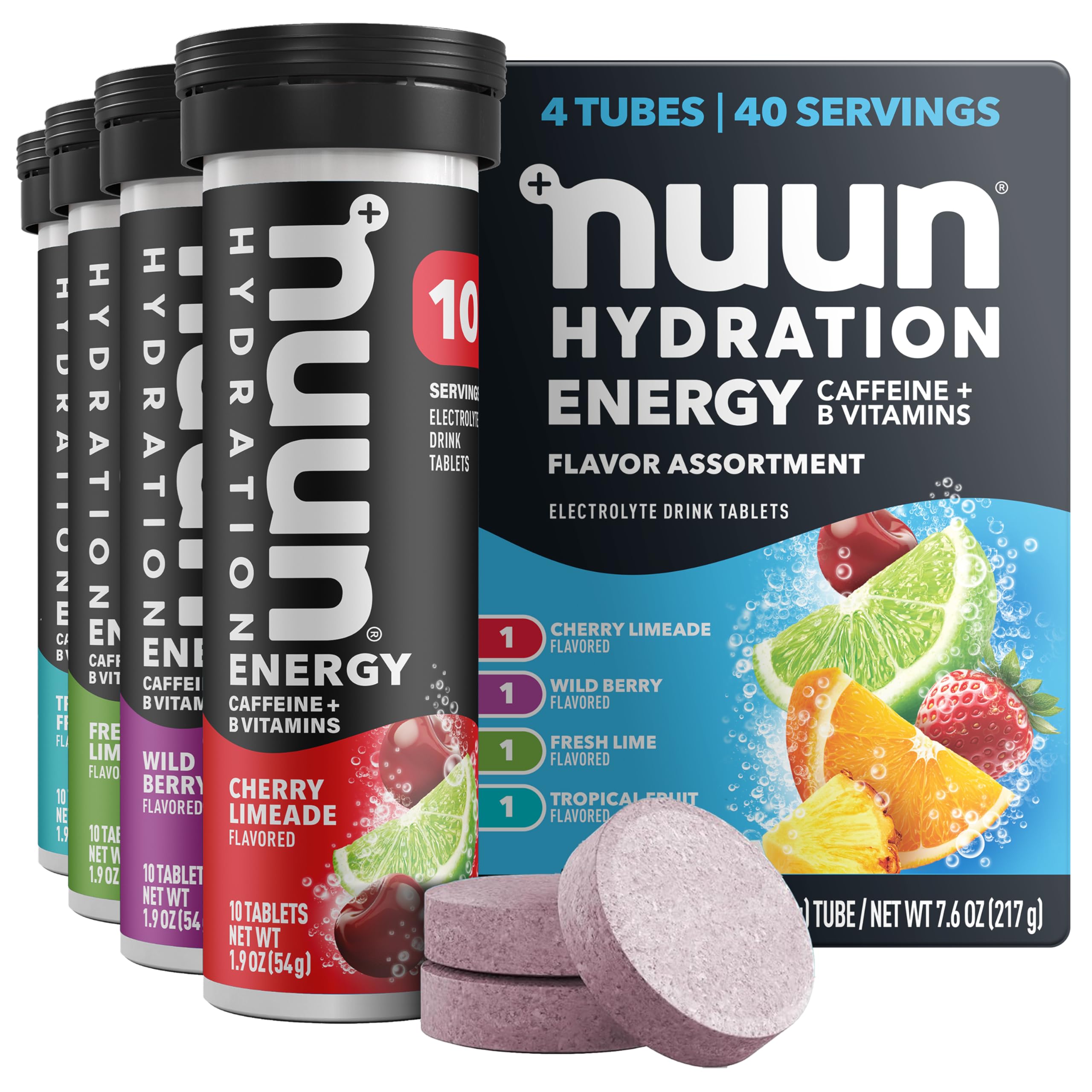 Nuun Energy Caffeine + B Vitamins, Electrolyte Hydration Tablets with Caffeine from Green Tea Extract, Magnesium &amp; 4 Other Electrolytes, Gluten Free, Vegan, Mixed Flavors, 4 Pack (40 Servings Total)