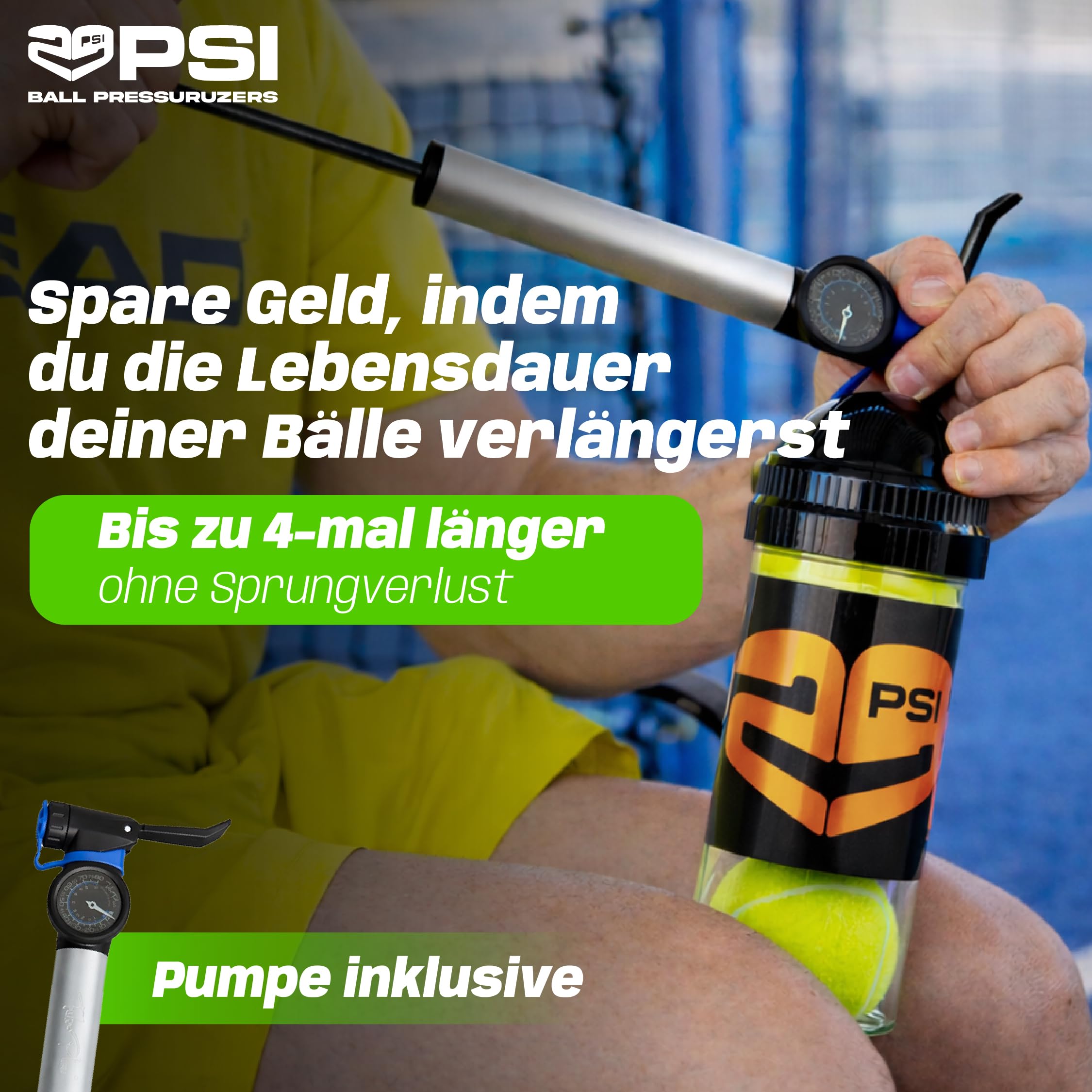 TUBOPLUS 29PSI - Padel- und Tennisballdrucker | Hält Druck und Sprungkraft | Luftdichter Behälter zur Verlängerung der Lebensdauer der Bälle