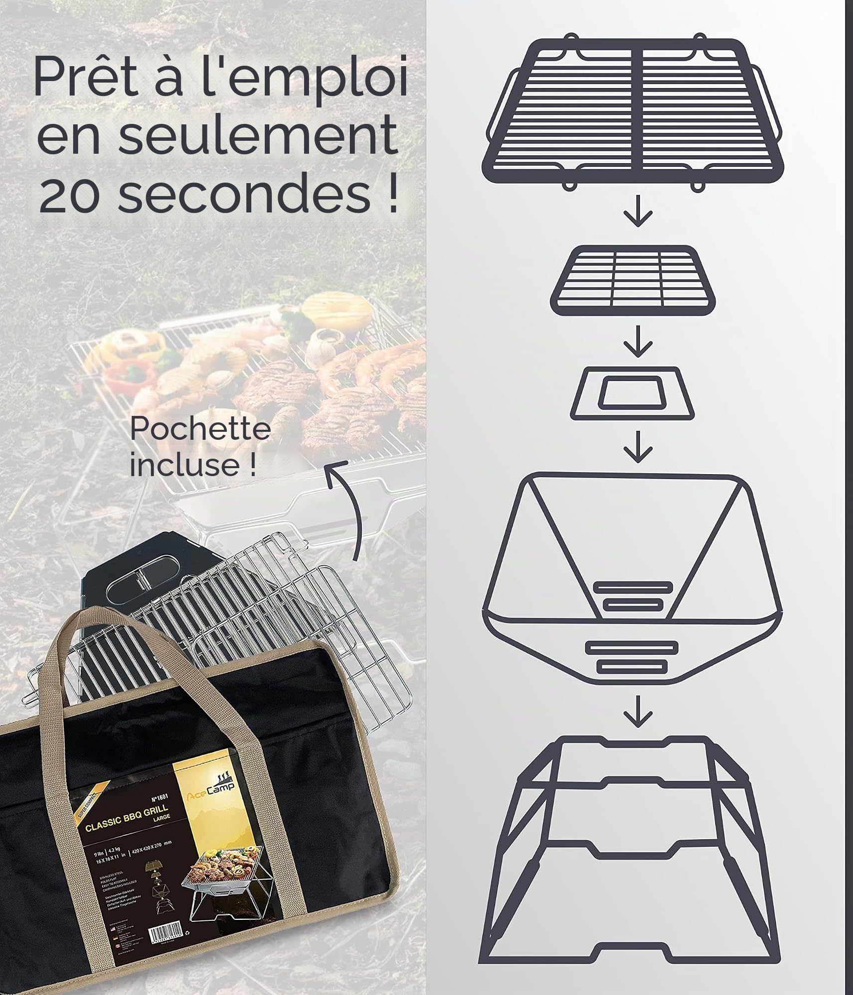 AceCamp BBQ Barbecue à Charbon Barbecue de Camping Classique Grande, Pliable, Barbecue, Compact, Acier Inoxydable
