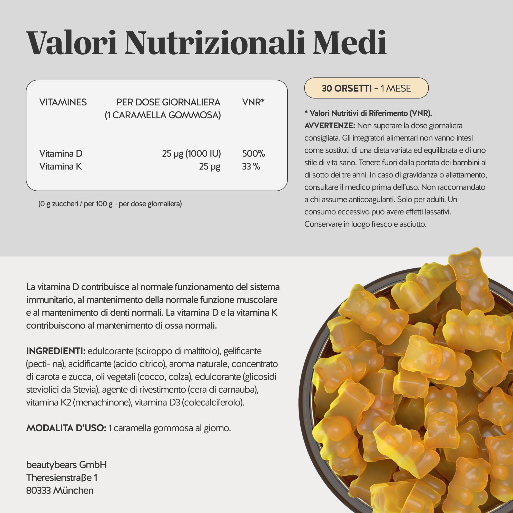 Vitamina D3 K2 - Hey Sunshine – Caramelle gommose con Vitamina D3 25 µg (1000 UI) e K2 – Funzione normale del sistema immunitario – 30 pezzi (1 mese) – Senza zucchero, Vegane – Bears with Benefits