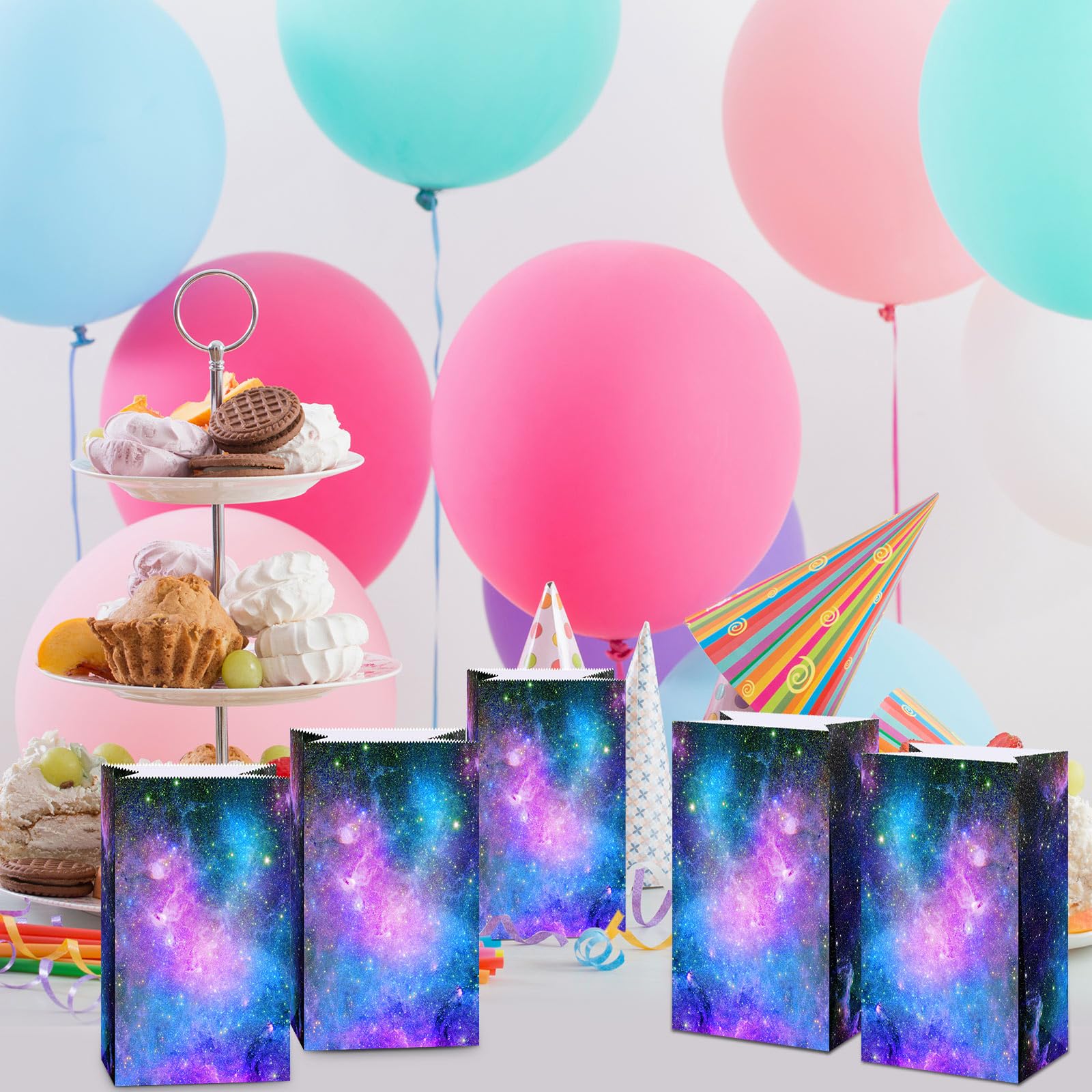 Locmeo 24 Pcs Galaxy Party Favor Bags With Handles Starry Sky Goodie Bag Reusable Non Woven Starry Galaxy Gift Bags Retro Candy Treat Gift Bag For Girl Boy Birthday Baby Shower