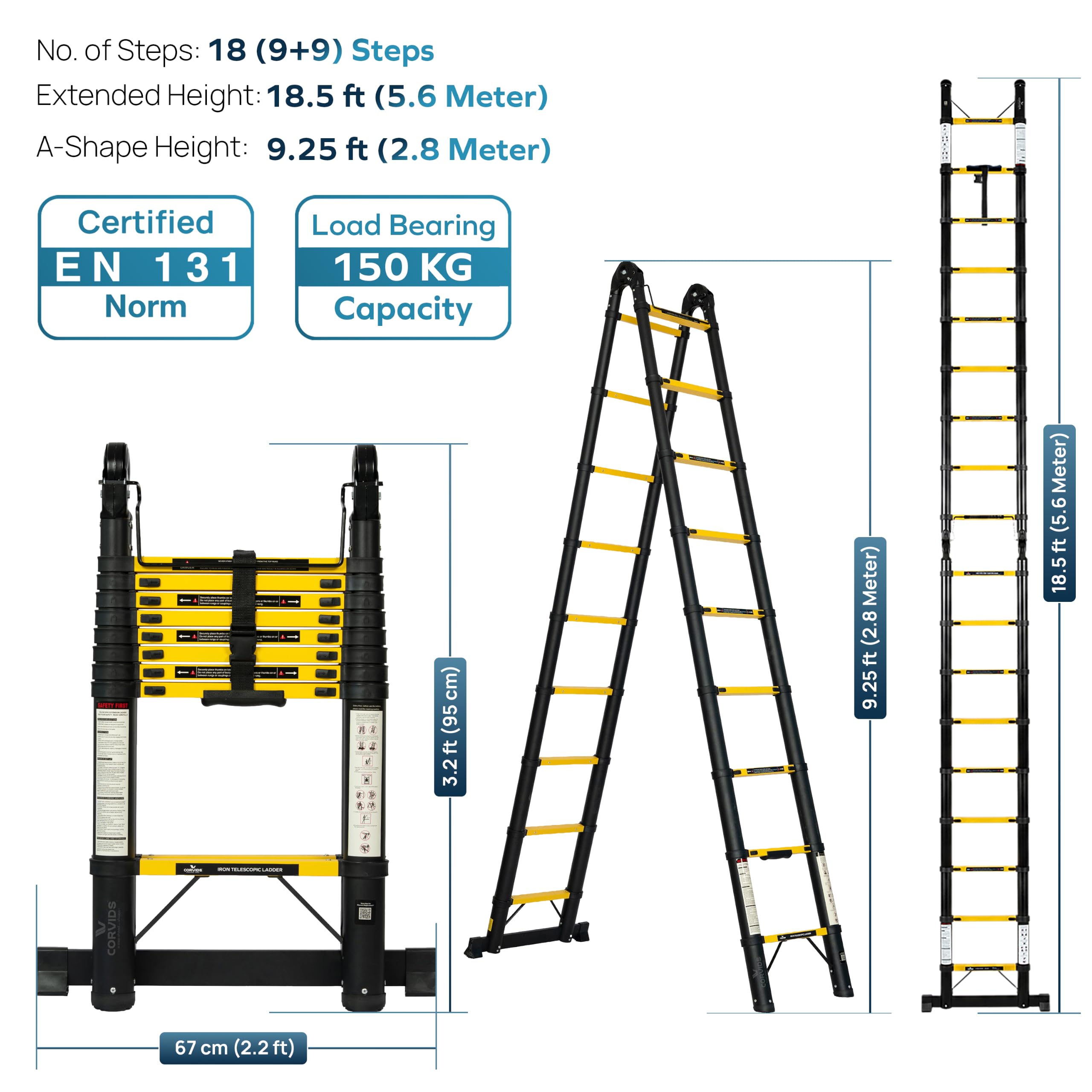 Corvids 5.6m (18.5 Ft) Foldable A-Type Carbon Steel Telescopic Ladder (18-Step), 2-Year Warranty | Heavy Duty Multi-Purpose Extension Ladder, EN131 Certified, Rustproof, 150 kg Capacity — Amazon image 3
