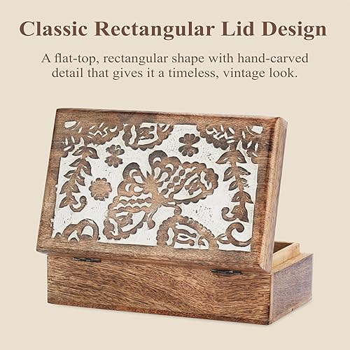 Miniatura 5 de Ajuny Joyero de madera de mango tallada a mano de 8 x 5 pulgadas, organizador de recuerdos y baratijas con diseño de mariposa, baúl decorativo