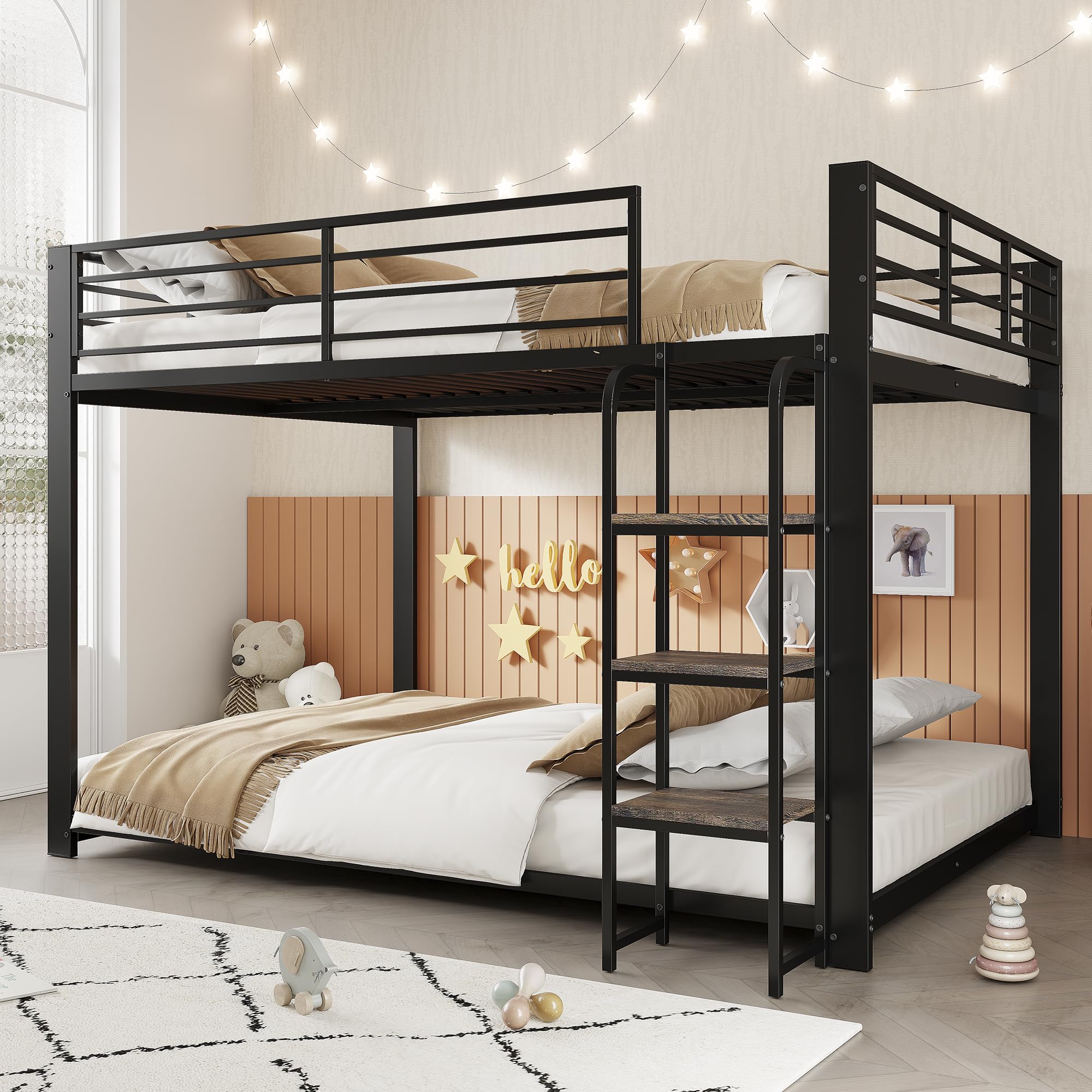 Letto a castello, 140 x 200 cm, con scaffale in legno, letto in metallo con protezione anticaduta, per bambini e ragazzi, letto familiare, letto da gioco, senza materasso, colore: nero, 140 x
