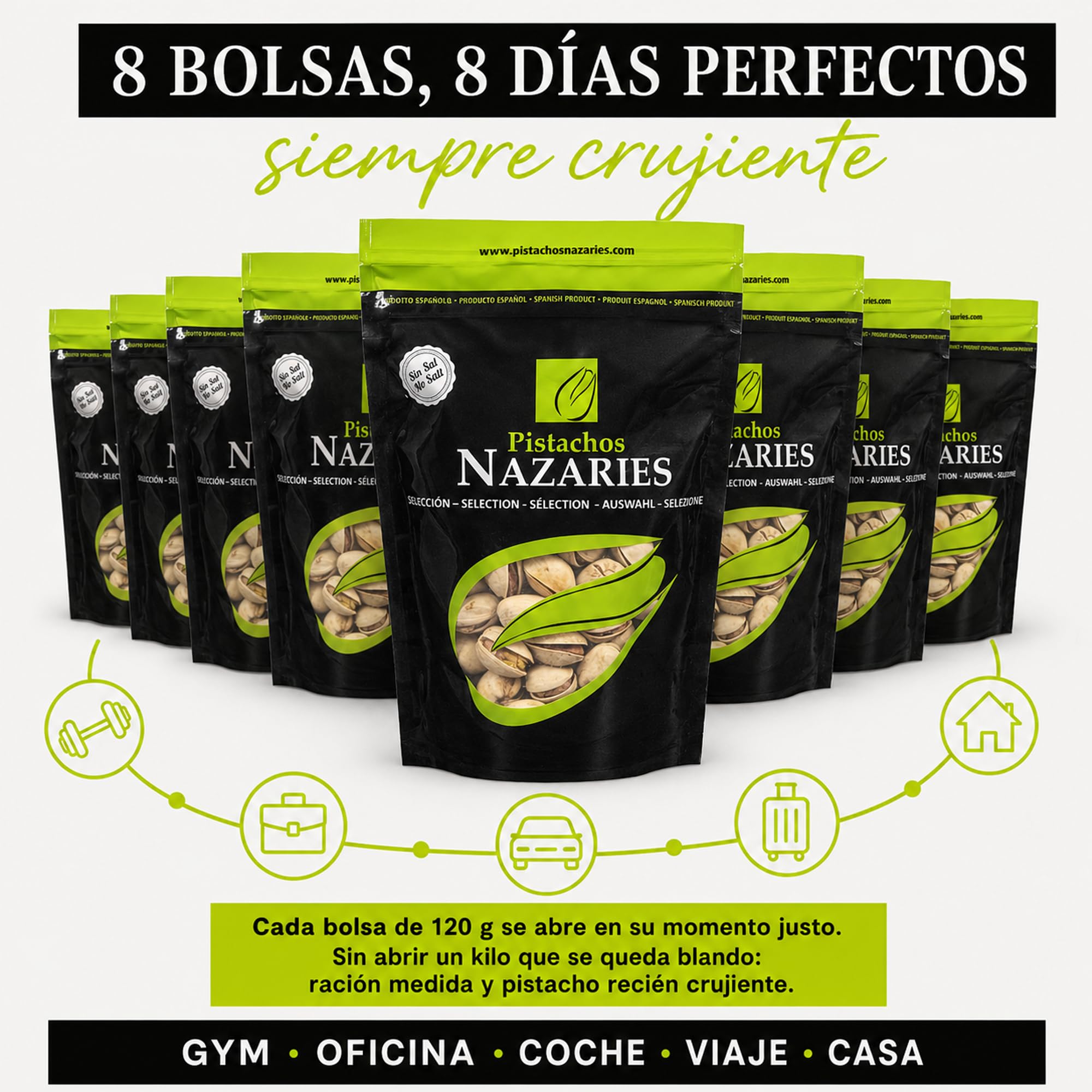 PISTACHOS NAZARIES Pistachos Tostados Sin Sal 8 x 120 g Pistacho Español Cultivo Propio Andalucia Malaga Snack Saludable Fitness Sin Gluten Frutos Secos Aperitivo Individual Para Llevar Gym Oficina