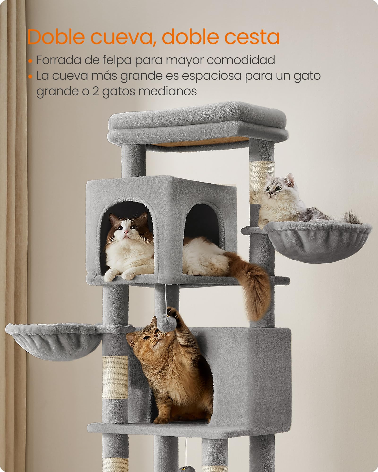 Feandrea Árbol Grande para Gatos, Torre para Arañar de 175 cm, Multinivel con Cuevas, Cestas, Rascadores, Gris Paloma