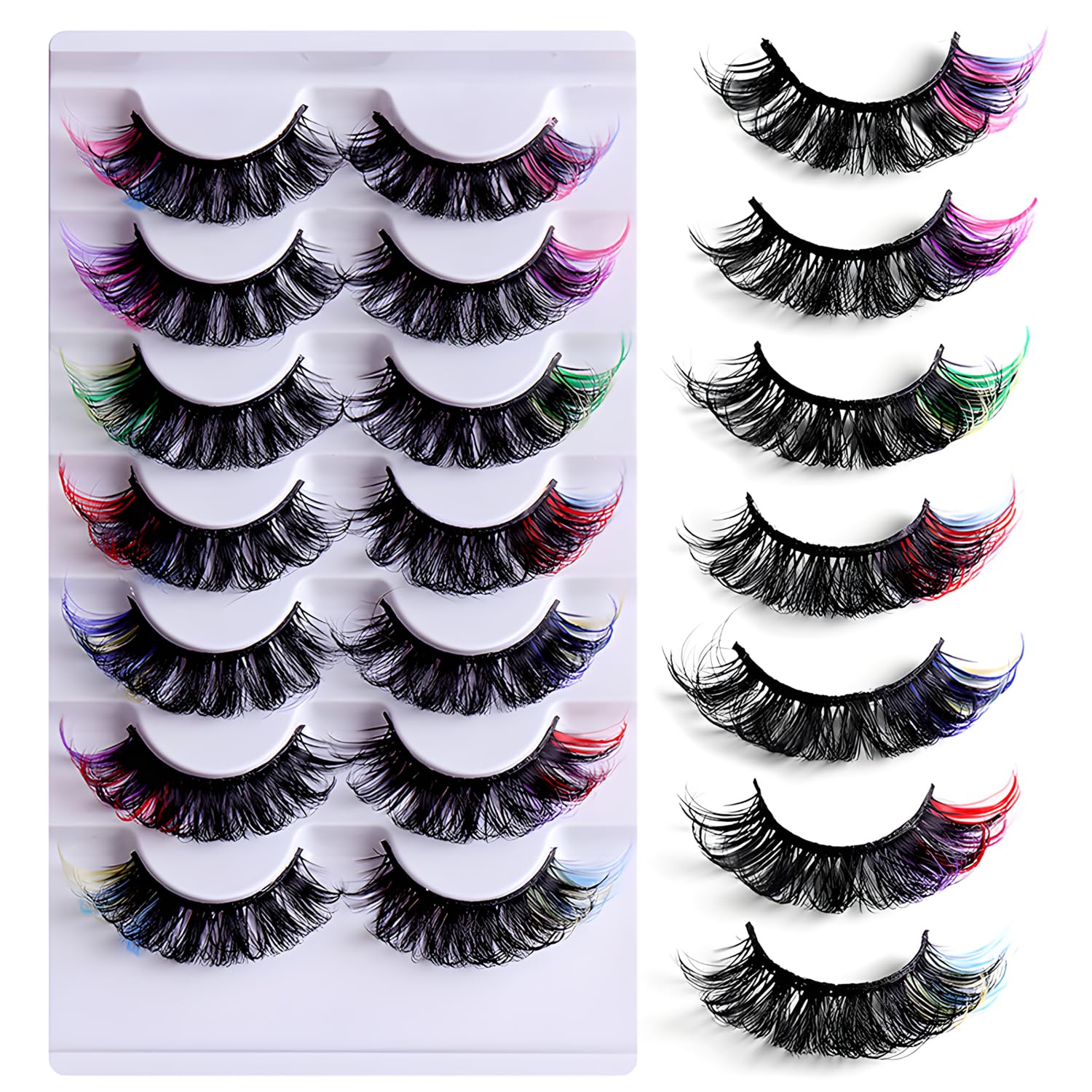MOTIBACK 7 works Colored False Eyelashes, 14PCS 3D Mink Faux Lashes with Vibrant Tips