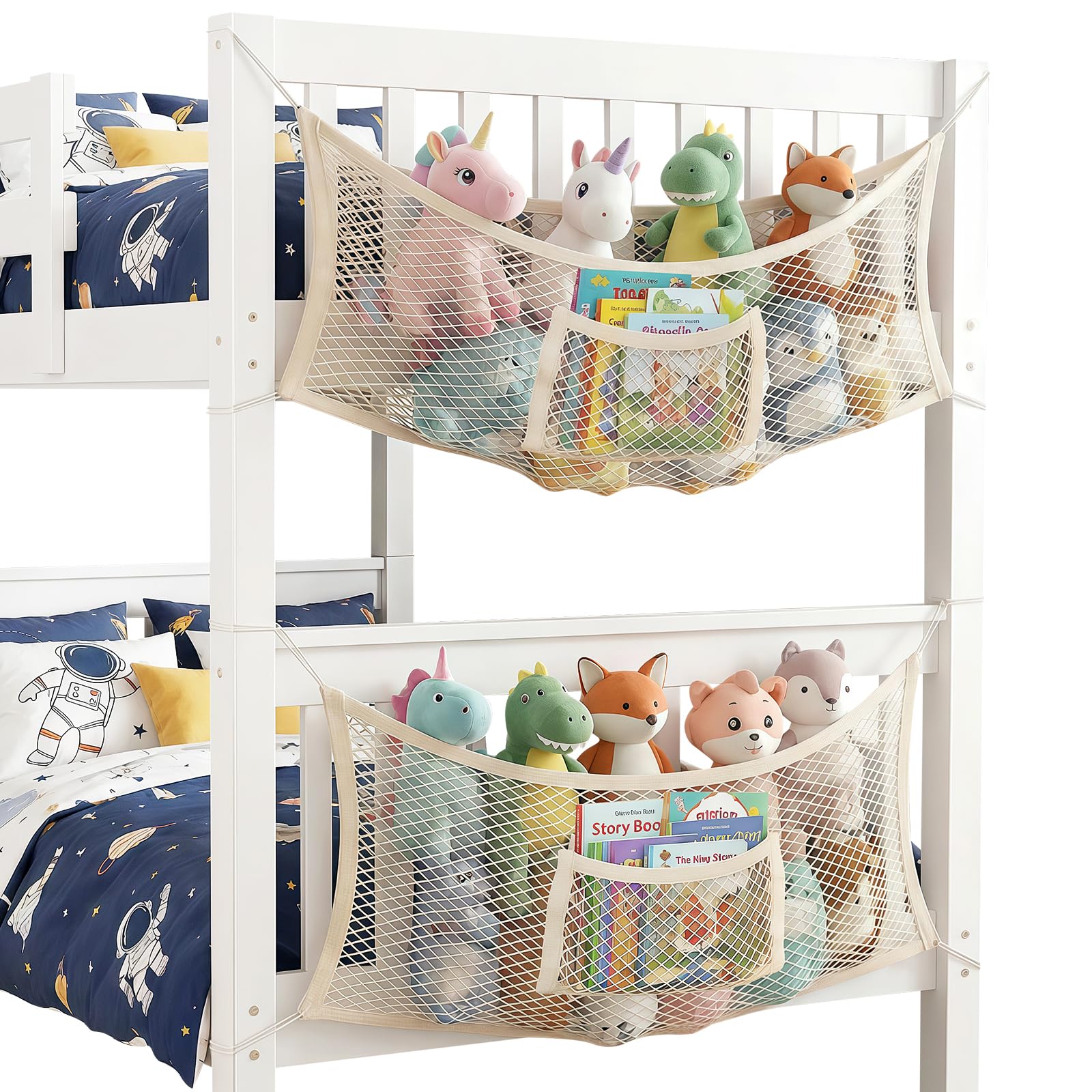 Meetory Rete per animali di peluche – 2 pezzi sul lato del letto, organizer in tessuto Boho macramè, da appendere, in cotone elastico, per cameretta dei bambini, camera da letto