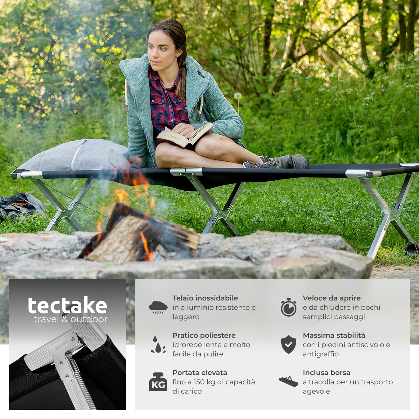 tectake® Lettino da Campeggio in Alluminio, Letto Pieghevole Portatile, Lettino Mare con Borsa, Letto Pieghevole da Esterno, Robusto, Portata Fino a 150 kg, Camping, Spiaggia, Piscina – Nero