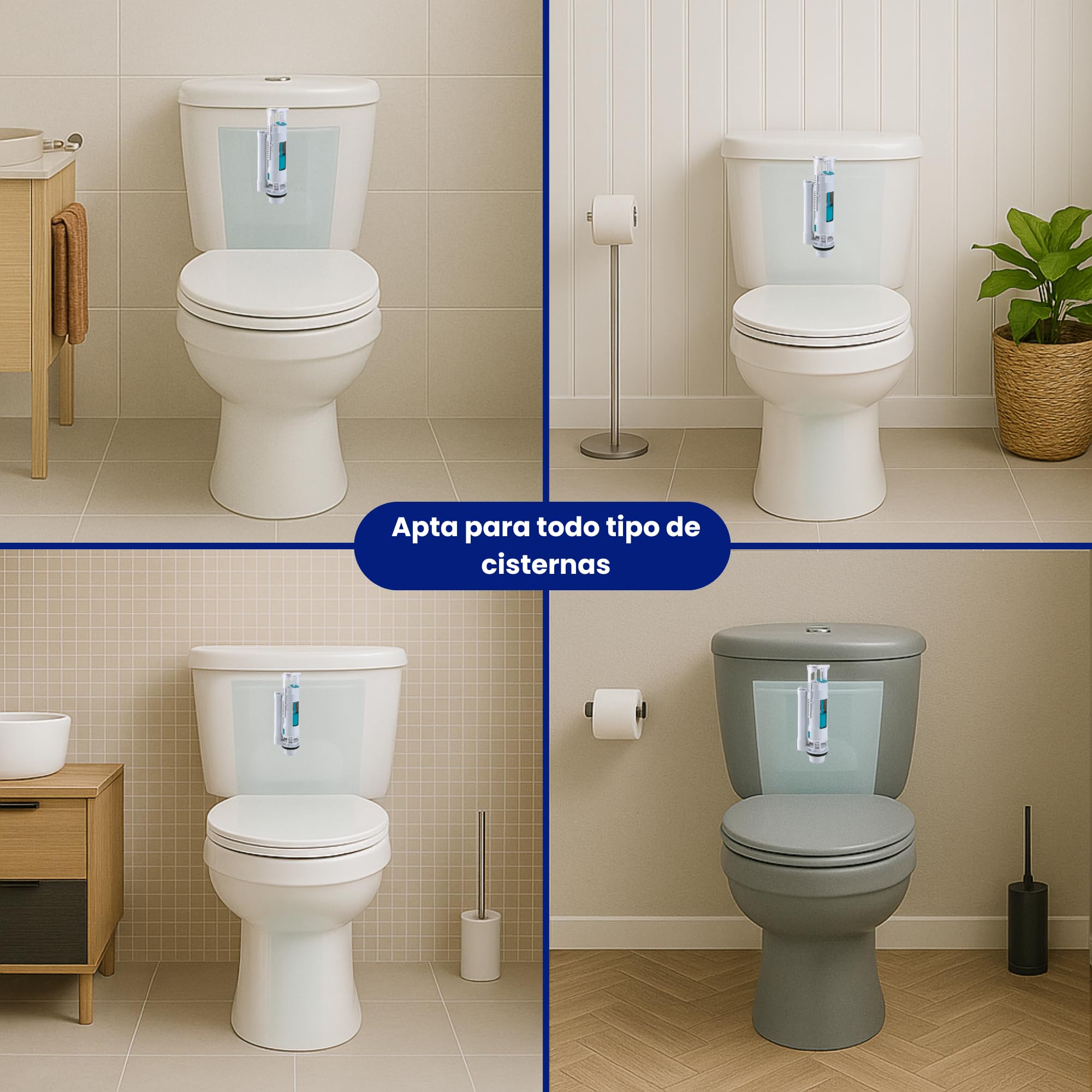 BriTools Descarga Universal para Cisterna WC Orificio 60 mm y Altura Ajustable | Compatible con Inodoros Roca y Estándar – Pulsador Doble, Fácil Instalación y Ahorro de Agua