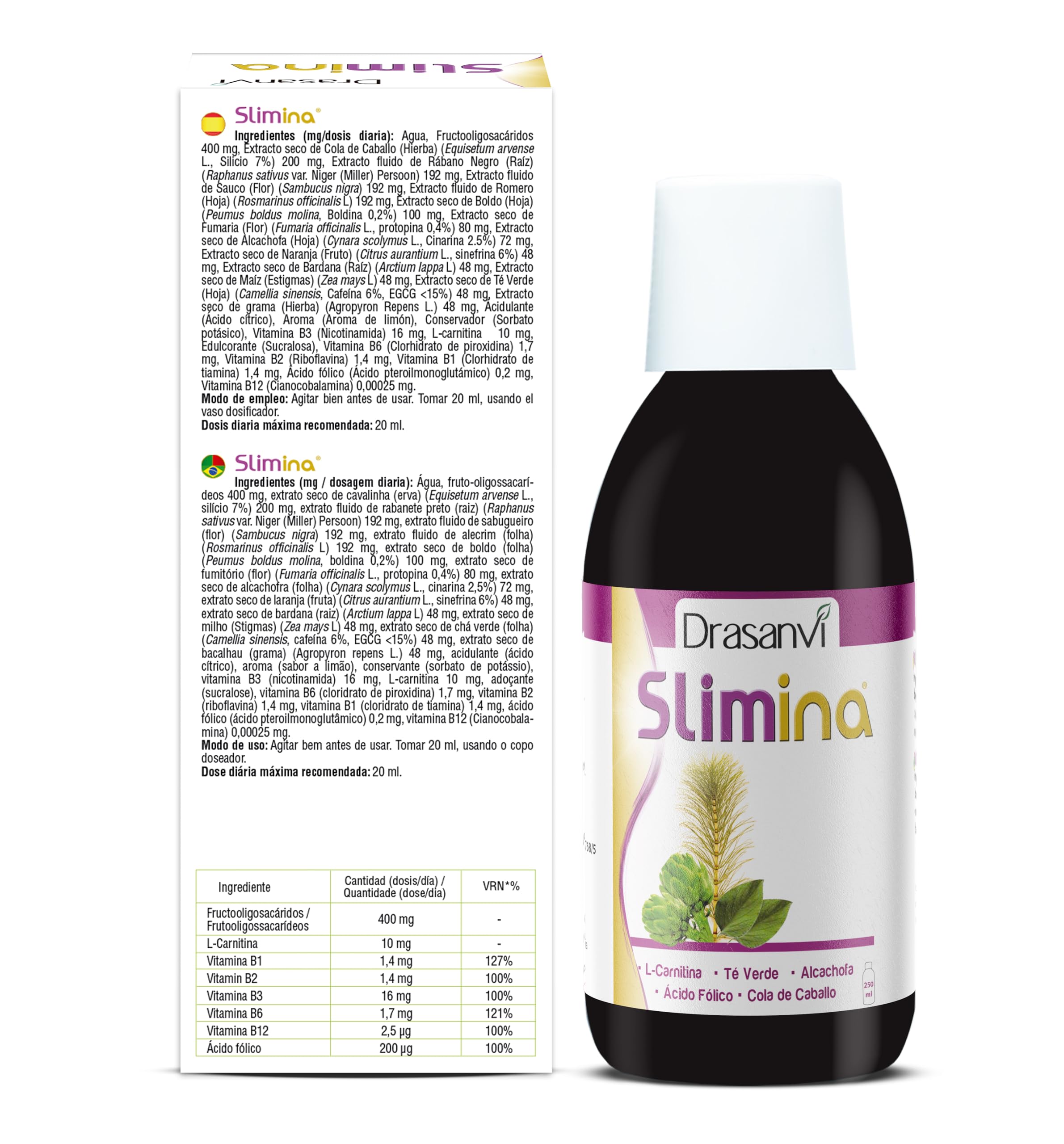 DRASANVI Slimina | Extractos Vegetales Reforzados con L-Carnitina, Fibra y  Vitaminas |Cola de Caballo + Alcachofa + T Verde | Ayuda a Eliminar  Lquidos y a un Correcto Metabolismo| 250 ml : Amazon.es: Alimentacin y  bebidas