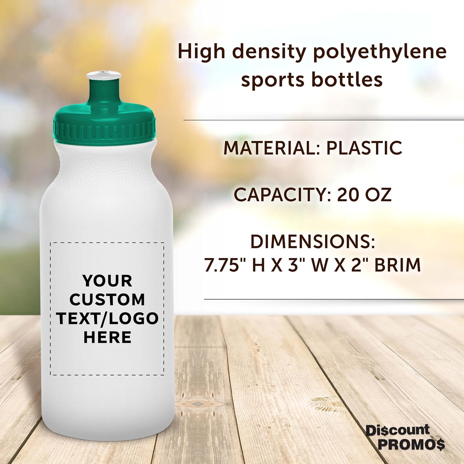 DISCOUNT PROMOS Custom White Water Bottles with Push Cap -100 pack, Customizable Text, Logo, 20 oz, Reusable BPA FREE Squeezable Bottles in Bulk - White Green