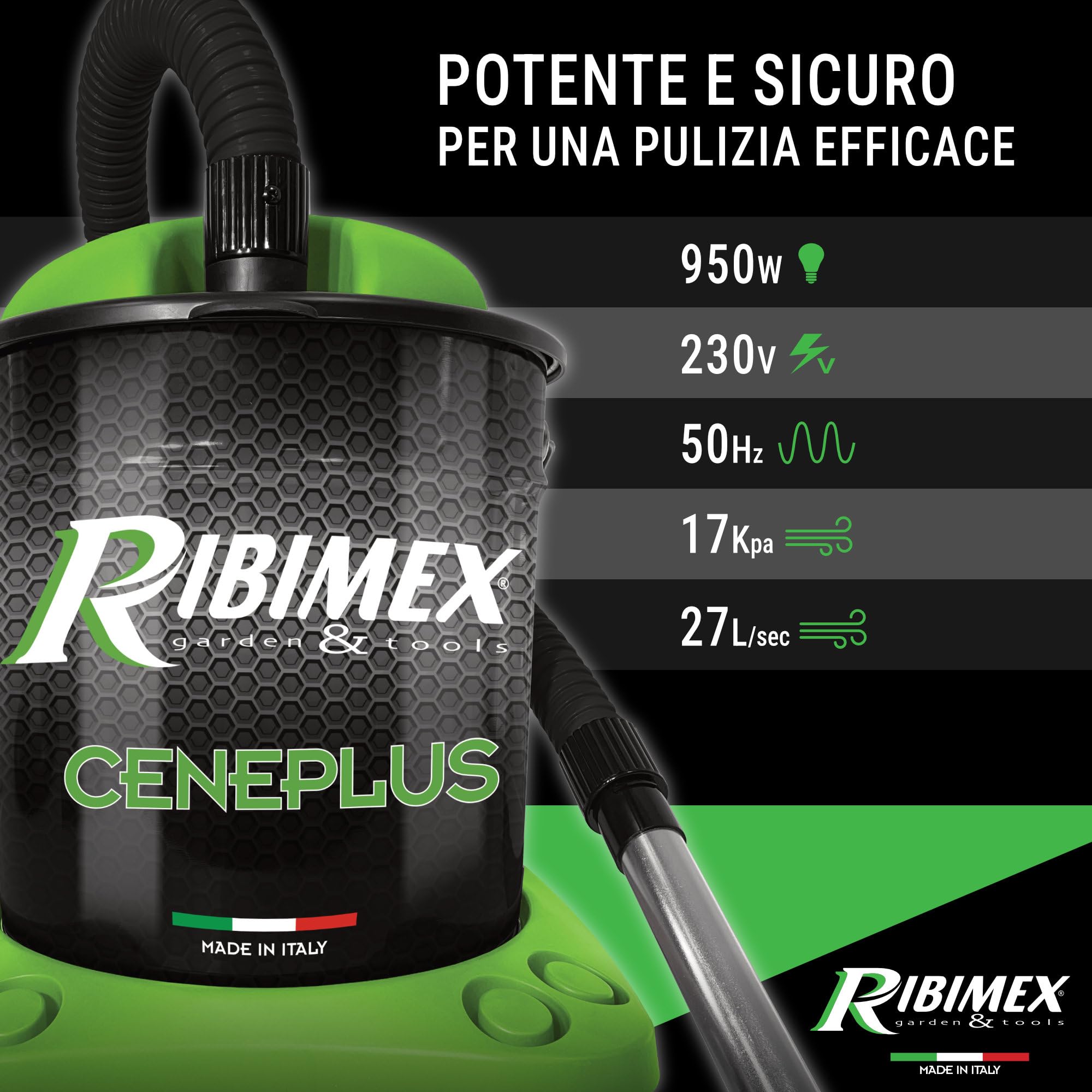 Ribimex Aspiracenere Elettrico Ceneplus, con Filtro HEPA Lavabile e Funzione Soffiante, Potenza 950 W, Bidone da 18 L, Ideale per Aspirare Ceneri Fredde da Stufe, Caminetti e Barbecue - PRCEN006